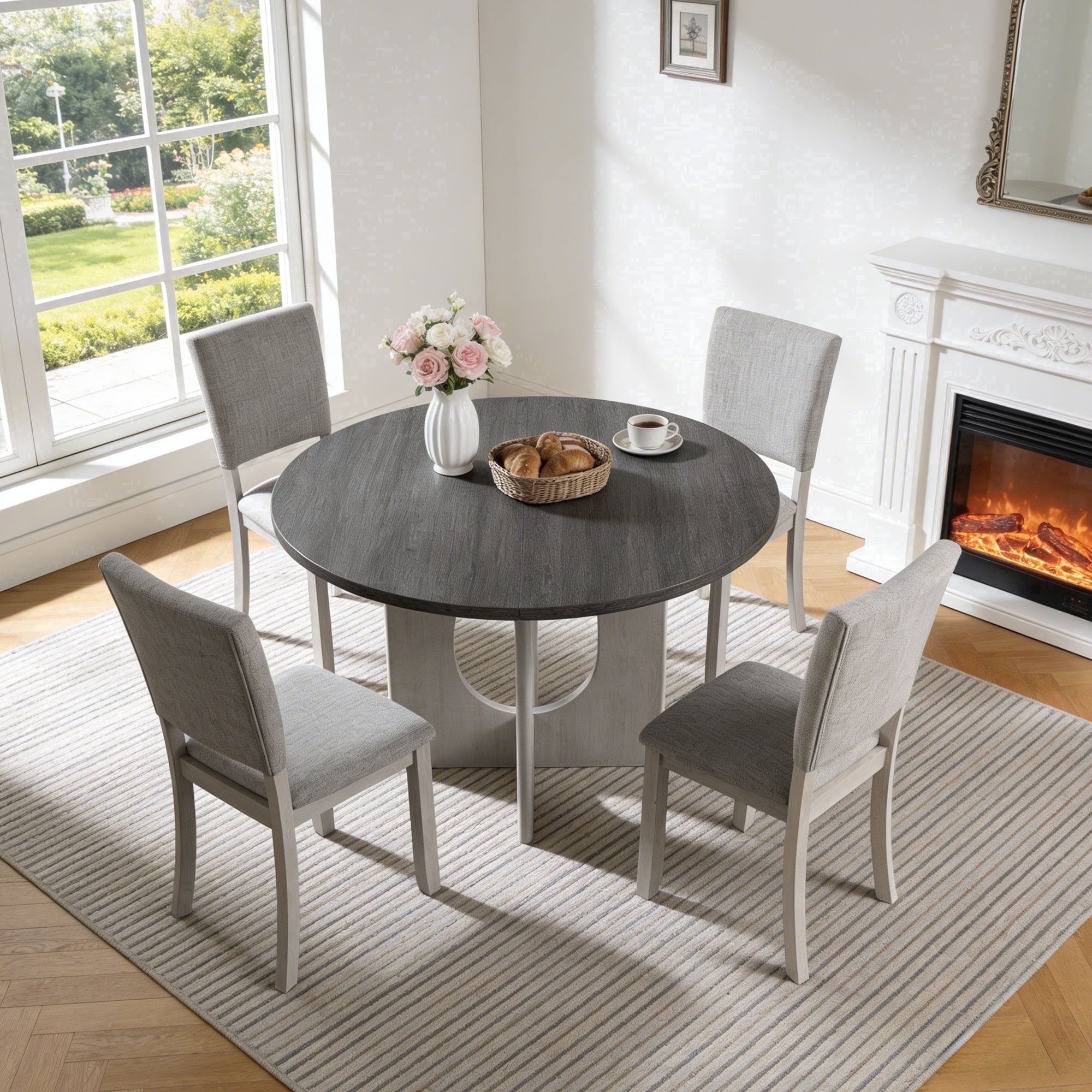 Leovanni Modern 48 5-Piece Solid Wood Dining Table Set with 4 Upholstered Chairs, Rectangular Kitchen & Dining Room Set, Natural