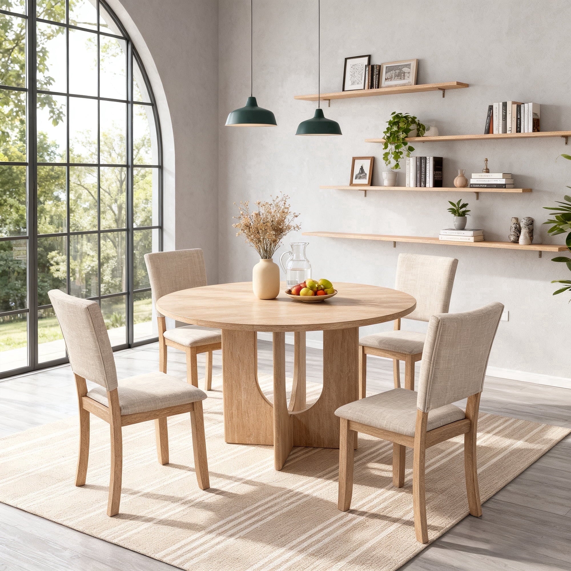 Leovanni Modern 48 5-Piece Solid Wood Dining Table Set with 4 Upholstered Chairs, Rectangular Kitchen & Dining Room Set, Natural