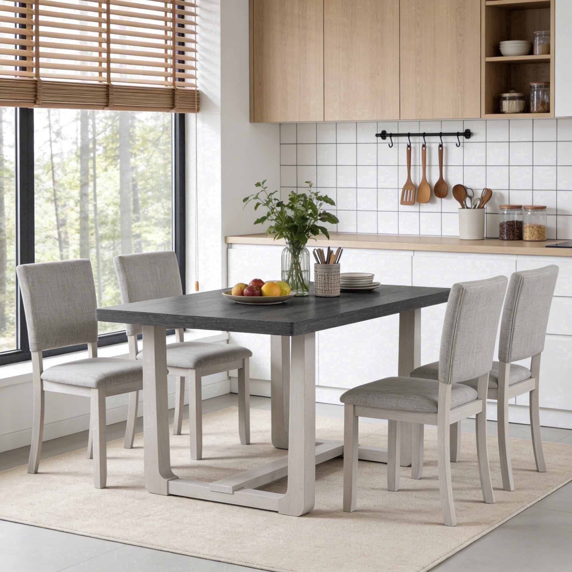 Leovanni Modern 48 5-Piece Solid Wood Dining Table Set with 4 Upholstered Chairs, Rectangular Kitchen & Dining Room Set, Natural