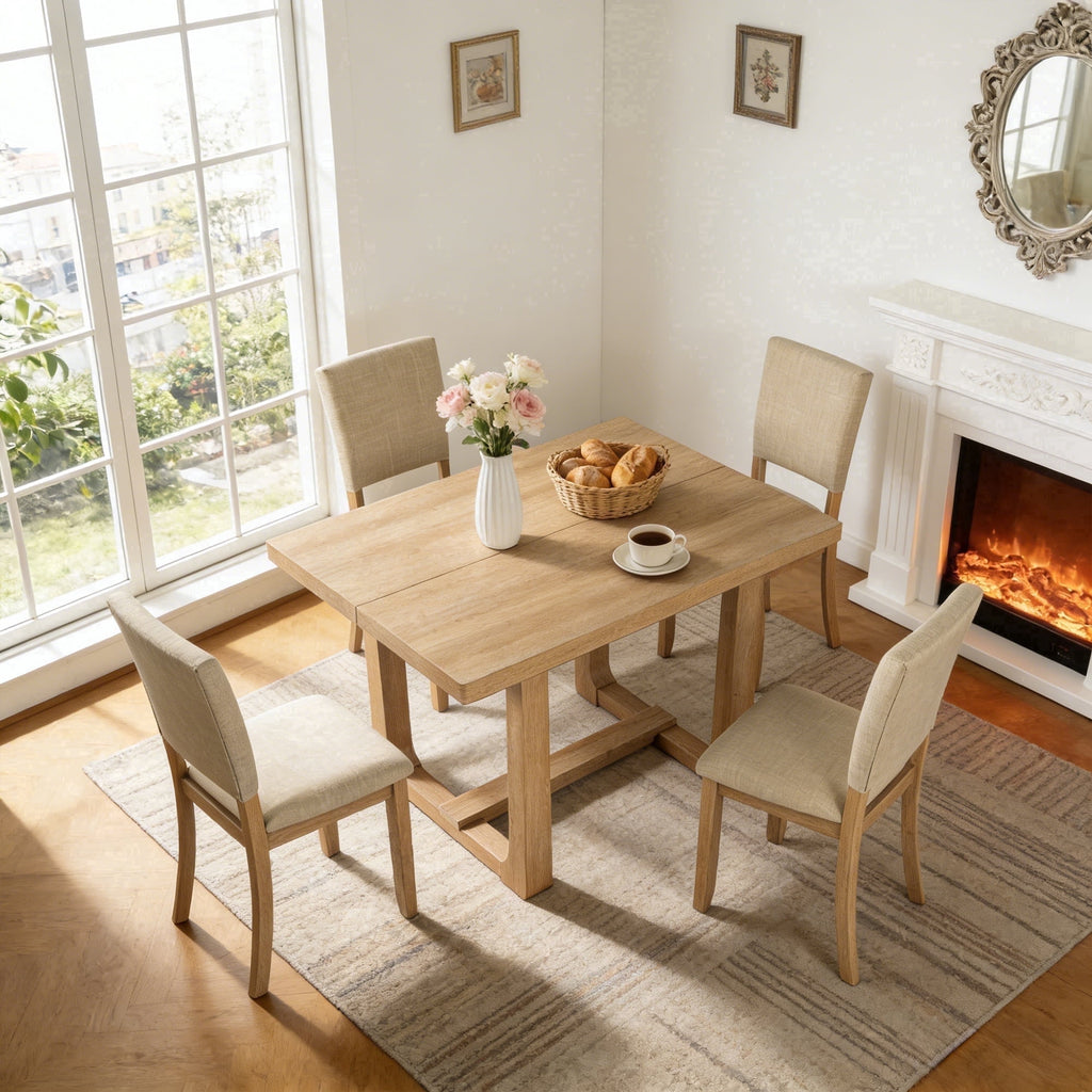 Leovanni Modern 48 5-Piece Solid Wood Dining Table Set with 4 Upholstered Chairs, Rectangular Kitchen & Dining Room Set, Natural