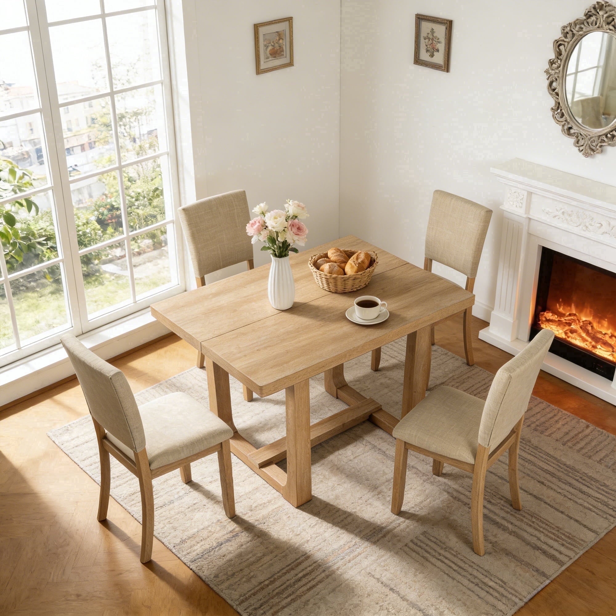 Leovanni Modern 48 5-Piece Solid Wood Dining Table Set with 4 Upholstered Chairs, Rectangular Kitchen & Dining Room Set, Natural