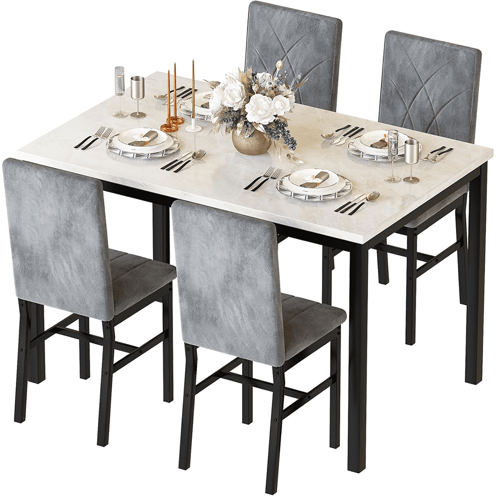 LinkRomat 5-Piece Faux Marble Dining Table Set for 4, Modern Kitchen Table with Chairs, Dinette Dining Room Furniture Set for Compact Space Saving