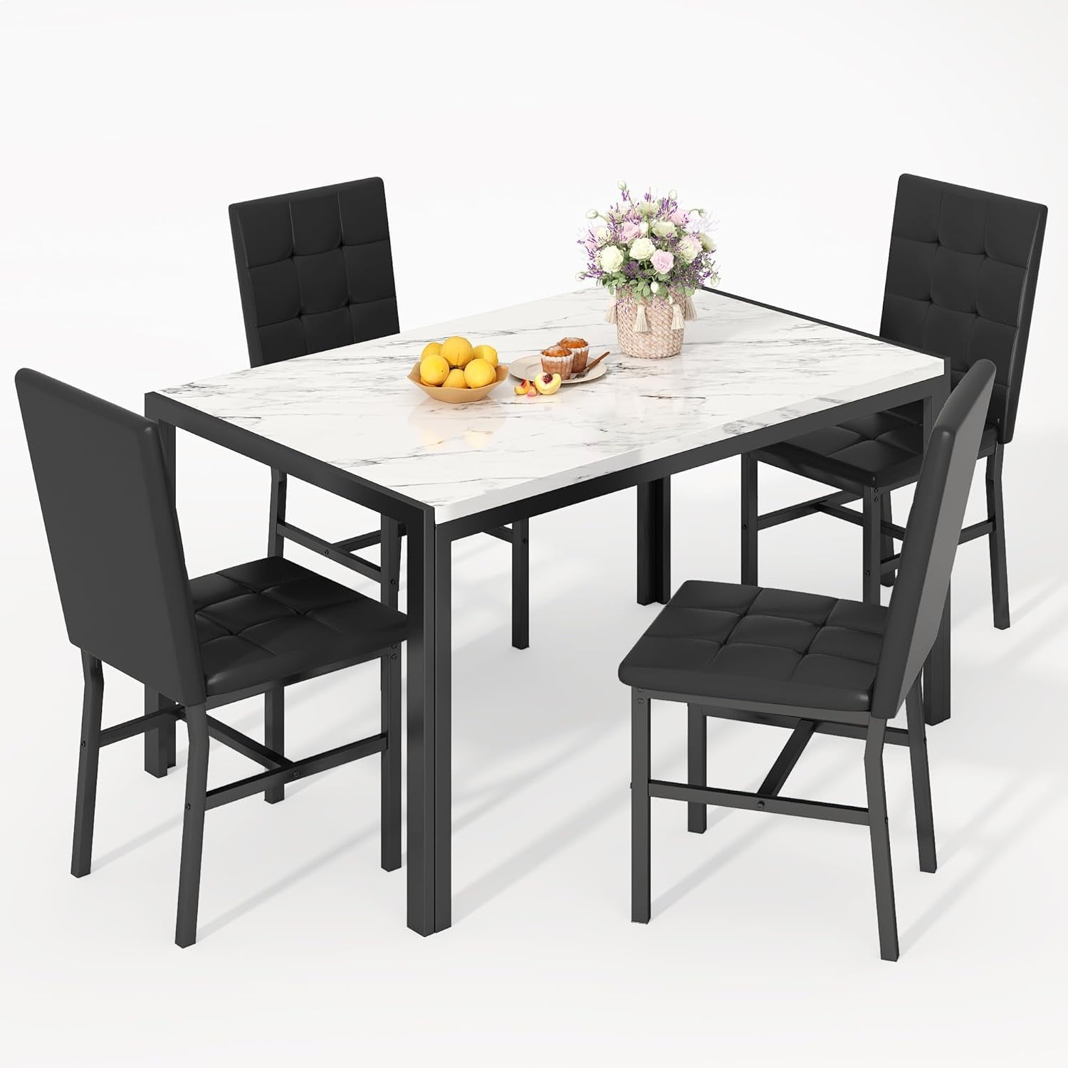 LinkRomat 5-Piece Faux Marble Dining Table Set for 4, Modern Kitchen Table with Chairs, Dinette Dining Room Furniture Set for Compact Space Saving