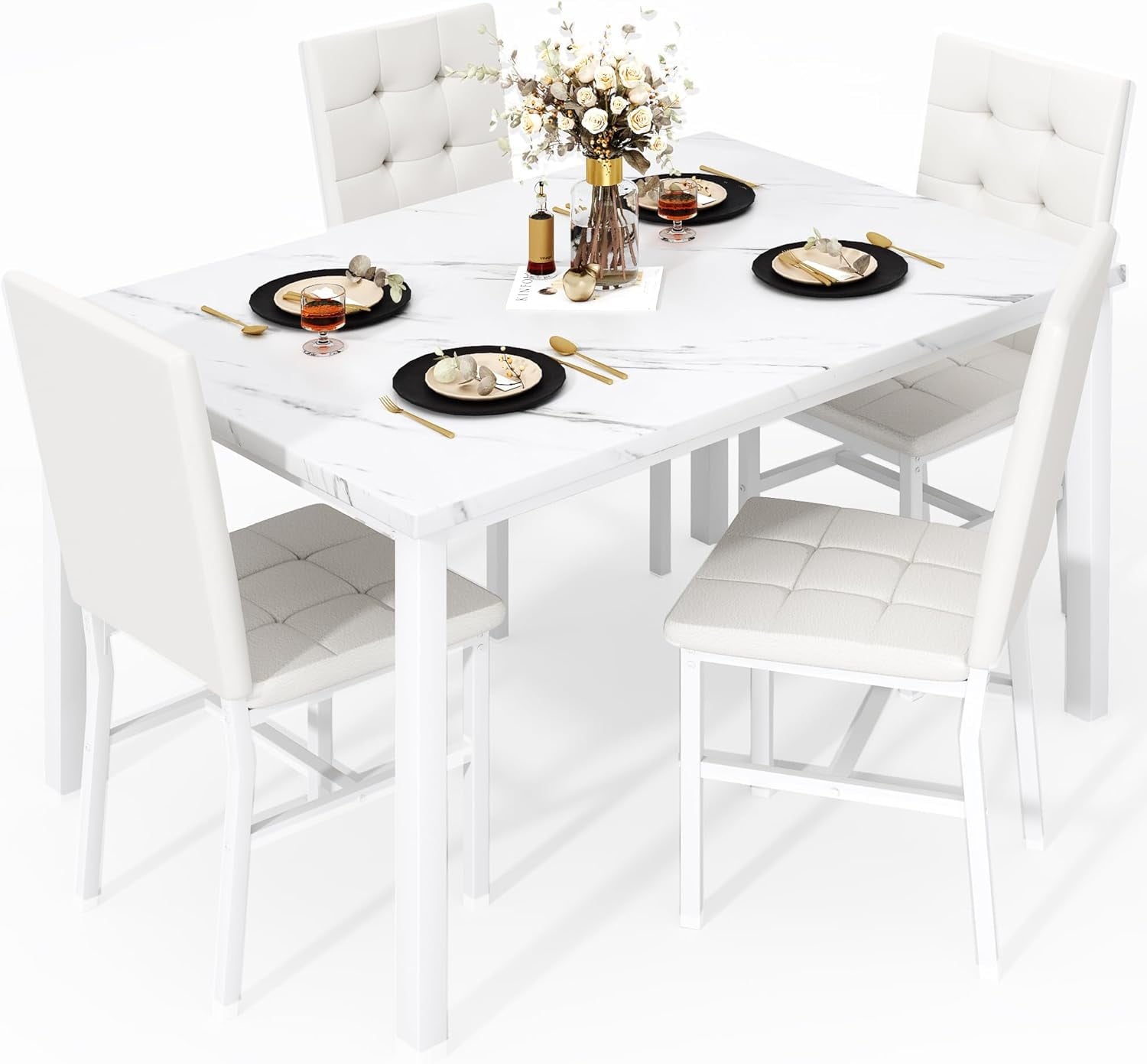 LinkRomat 5-Piece Faux Marble Dining Table Set for 4, Modern Kitchen Table with Chairs, Dinette Dining Room Furniture Set for Compact Space Saving