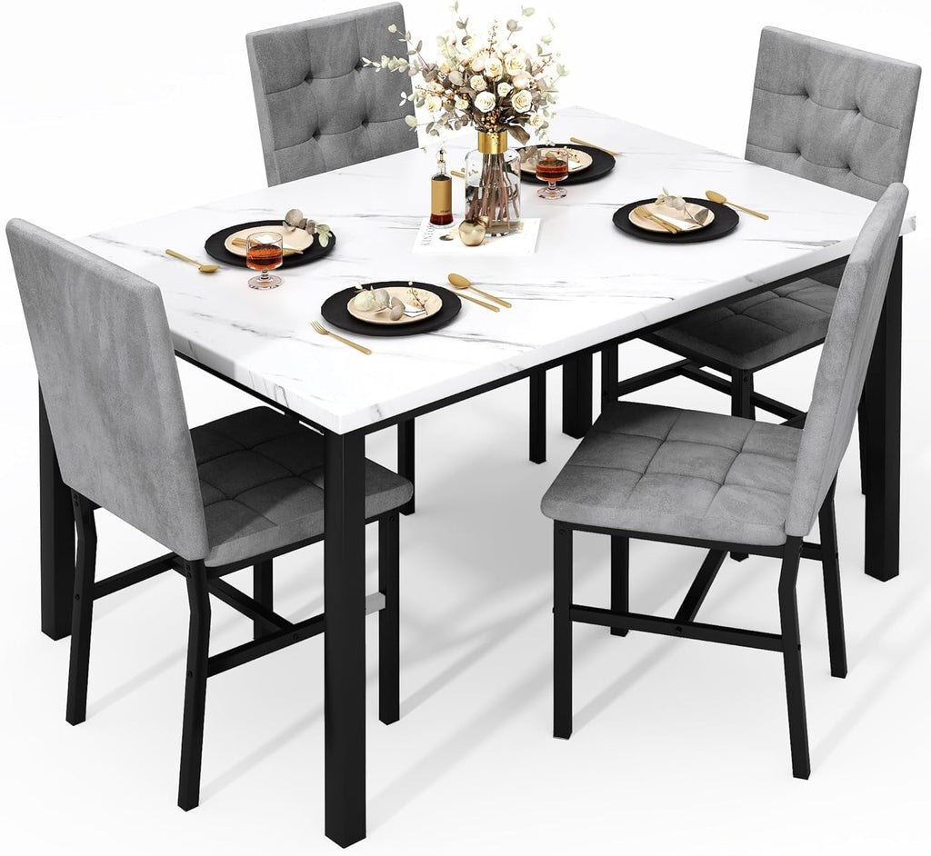 LinkRomat 5-Piece Faux Marble Dining Table Set for 4, Modern Kitchen Table with Chairs, Dinette Dining Room Furniture Set for Compact Space Saving
