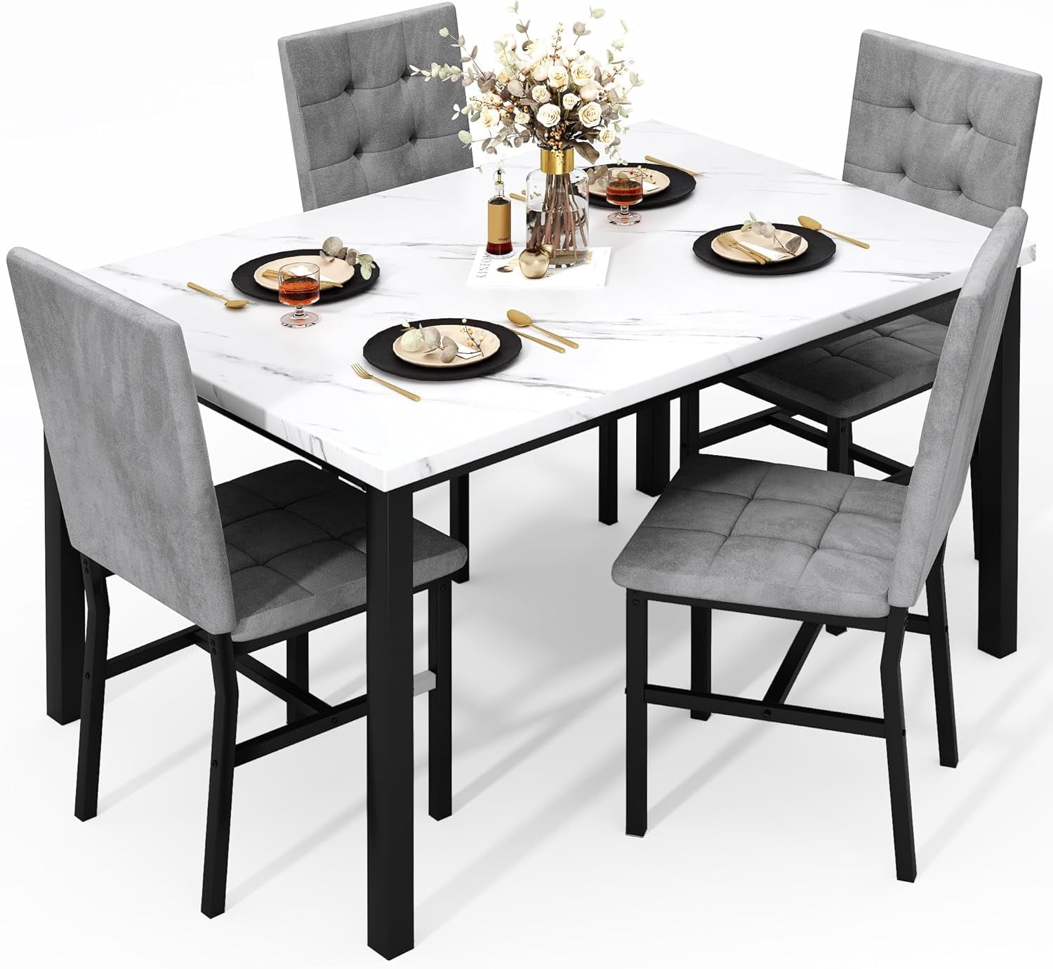 LinkRomat 5-Piece Faux Marble Dining Table Set for 4, Modern Kitchen Table with Chairs, Dinette Dining Room Furniture Set for Compact Space Saving