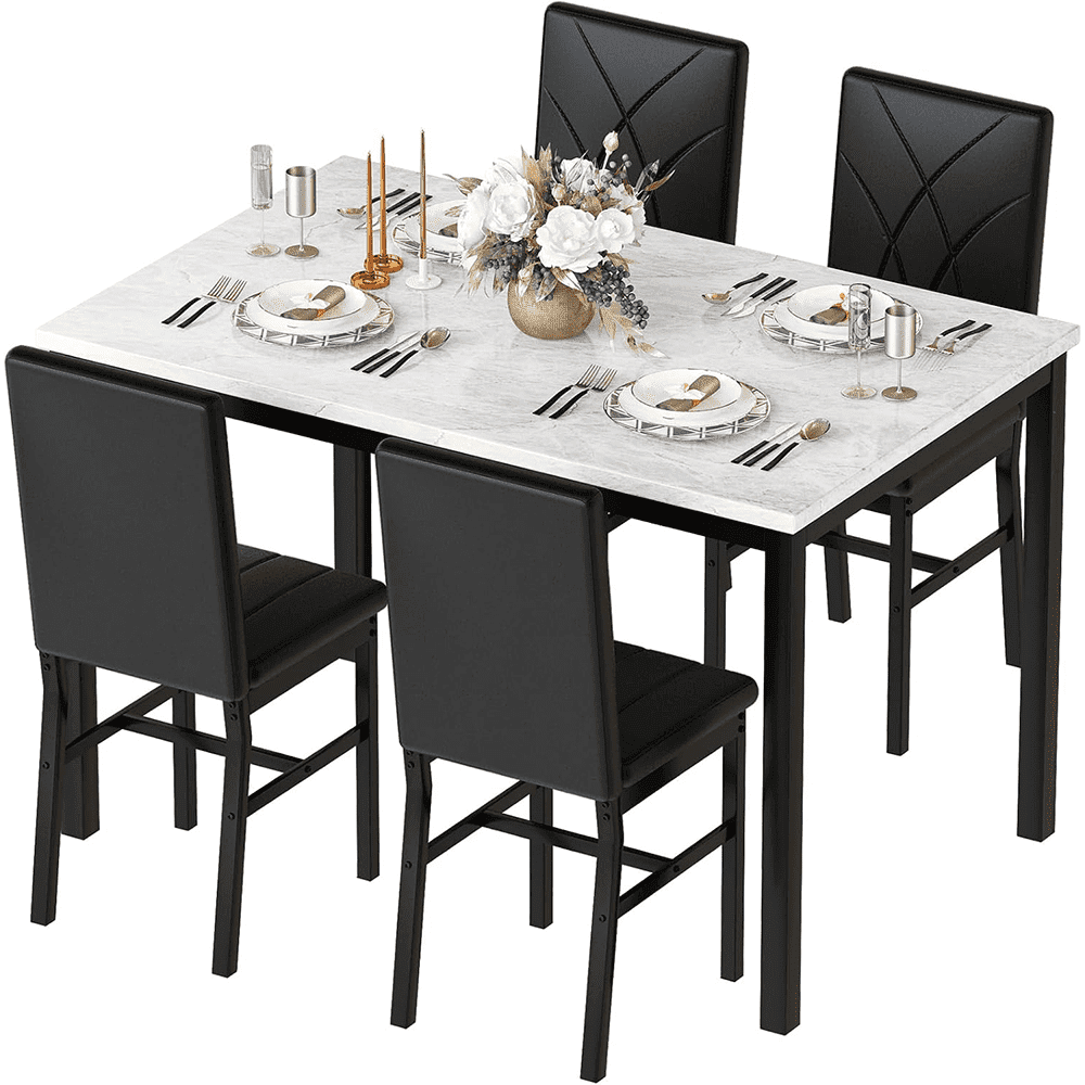 LinkRomat 5-Piece Faux Marble Dining Table Set for 4, Modern Kitchen Table with Chairs, Dinette Dining Room Furniture Set for Compact Space Saving