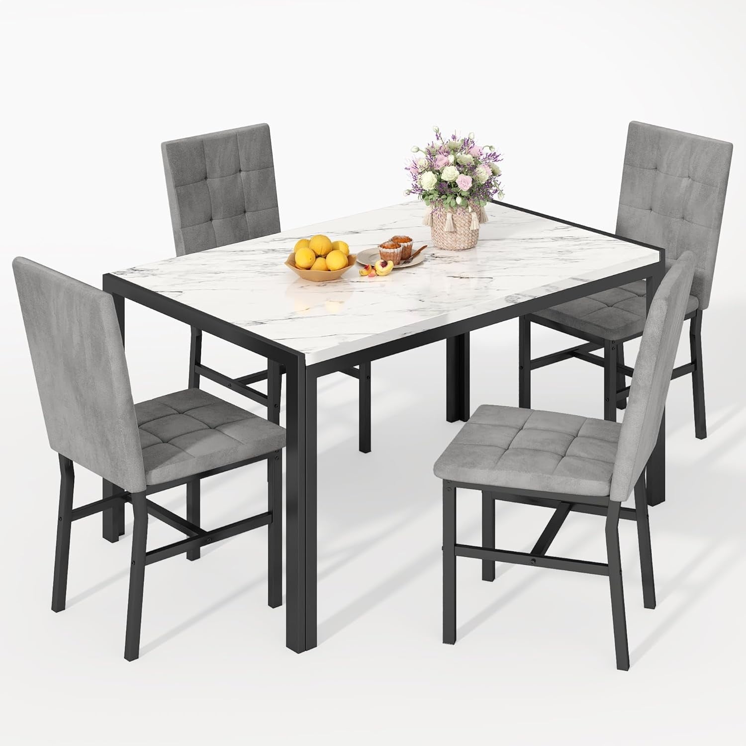 LinkRomat 5-Piece Faux Marble Dining Table Set for 4, Modern Kitchen Table with Chairs, Dinette Dining Room Furniture Set for Compact Space Saving
