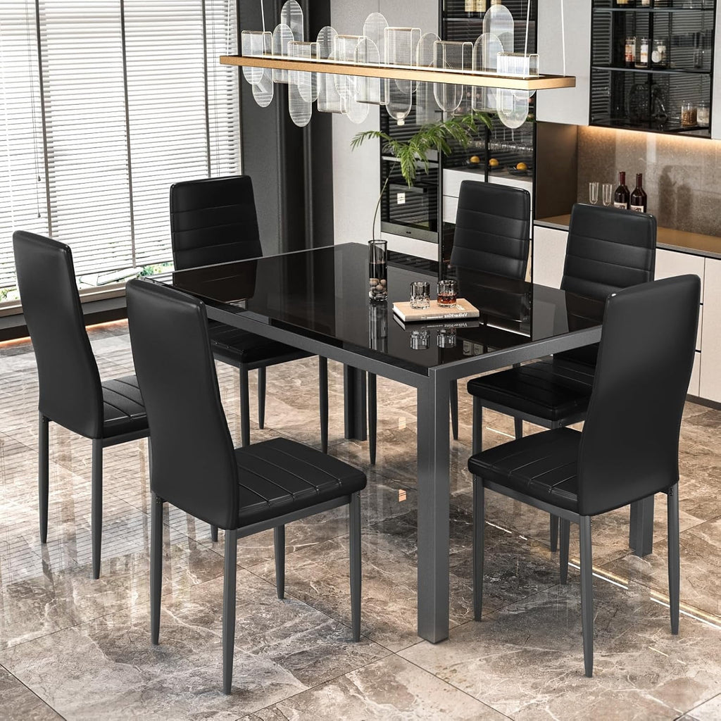 LinkRomat 7-Piece Glass Dining Table Set for 6, Modern Kitchen Table with PU Leather Chairs, Black Dining Room Table and Chairs Set for Small Space, Apartment