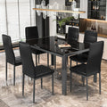 LinkRomat 7-Piece Glass Dining Table Set for 6, Modern Kitchen Table with PU Leather Chairs, Black Dining Room Table and Chairs Set for Small Space, Apartment