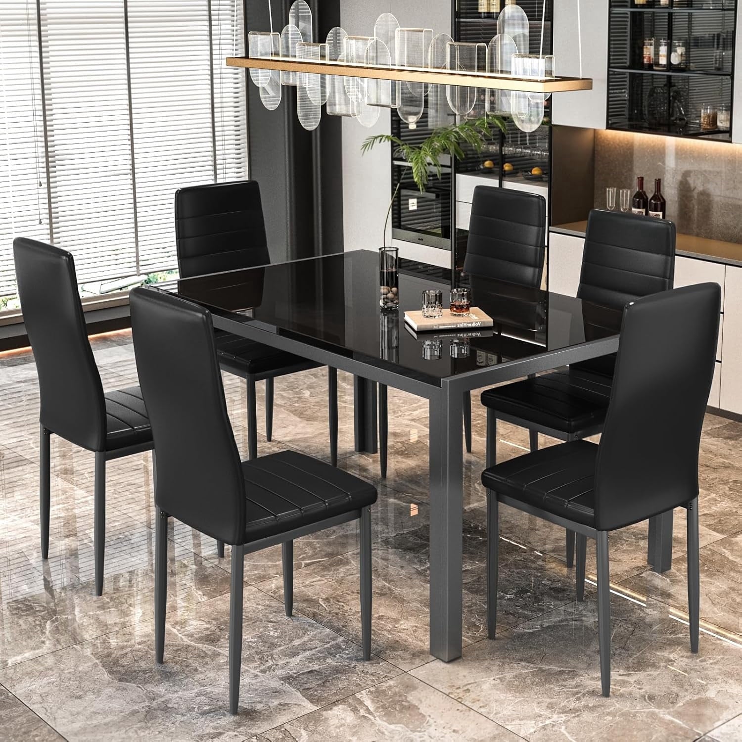 LinkRomat 7-Piece Glass Dining Table Set for 6, Modern Kitchen Table with PU Leather Chairs, Black Dining Room Table and Chairs Set for Small Space, Apartment