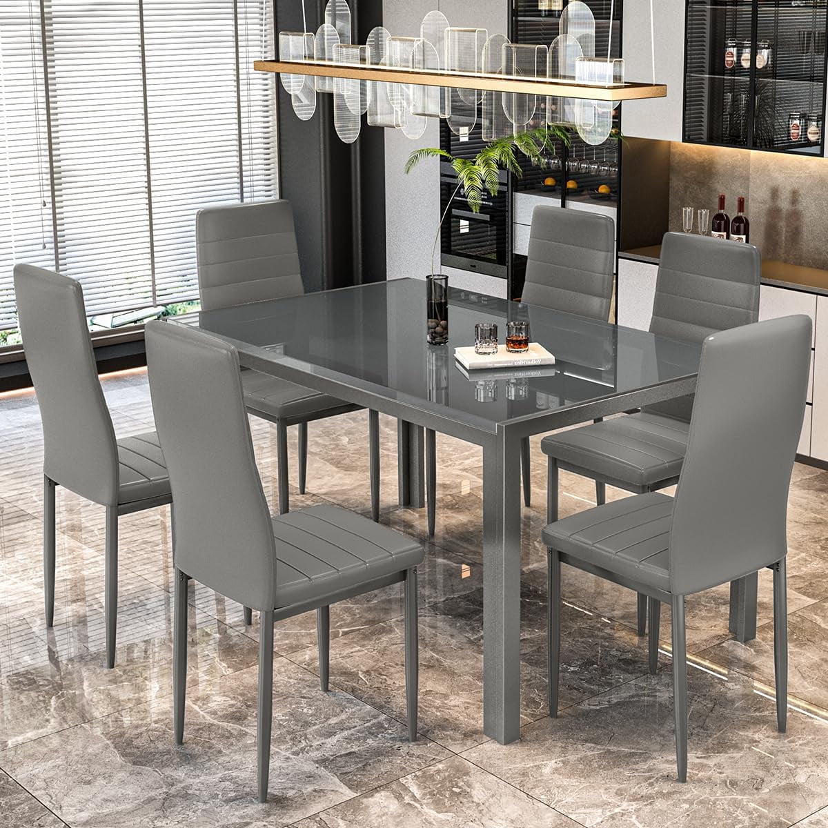 LinkRomat 7-Piece Glass Dining Table Set for 6, Modern Kitchen Table with PU Leather Chairs, Black Dining Room Table and Chairs Set for Small Space, Apartment