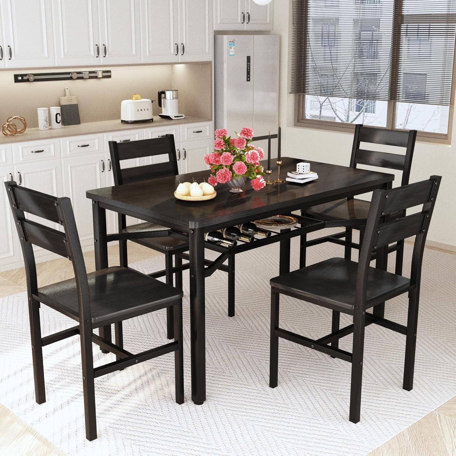 LinkRomat Dining Table Set for 4, Farmhouse Kitchen Table with 4 Wood Chairs, Dining Room Set for Breakfast Nook, Small Places, Restaurant, Gray