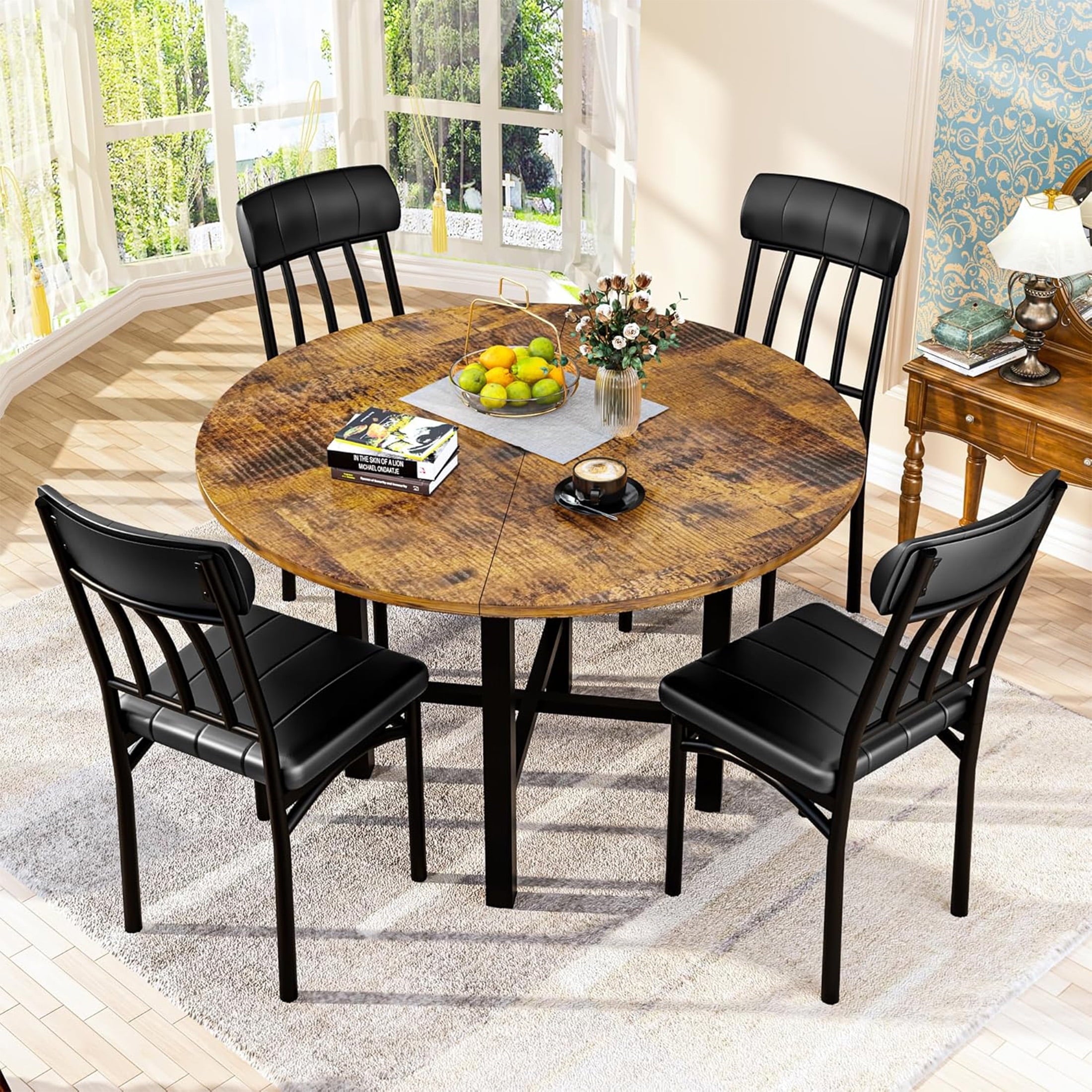 LinkRomat Round Dining Table Set for 4, Modern Dining Room Sets with 4 Faux Leather Chairs, Kitchen Dinner Wooden Table & Chair Set for Small Space, Grey
