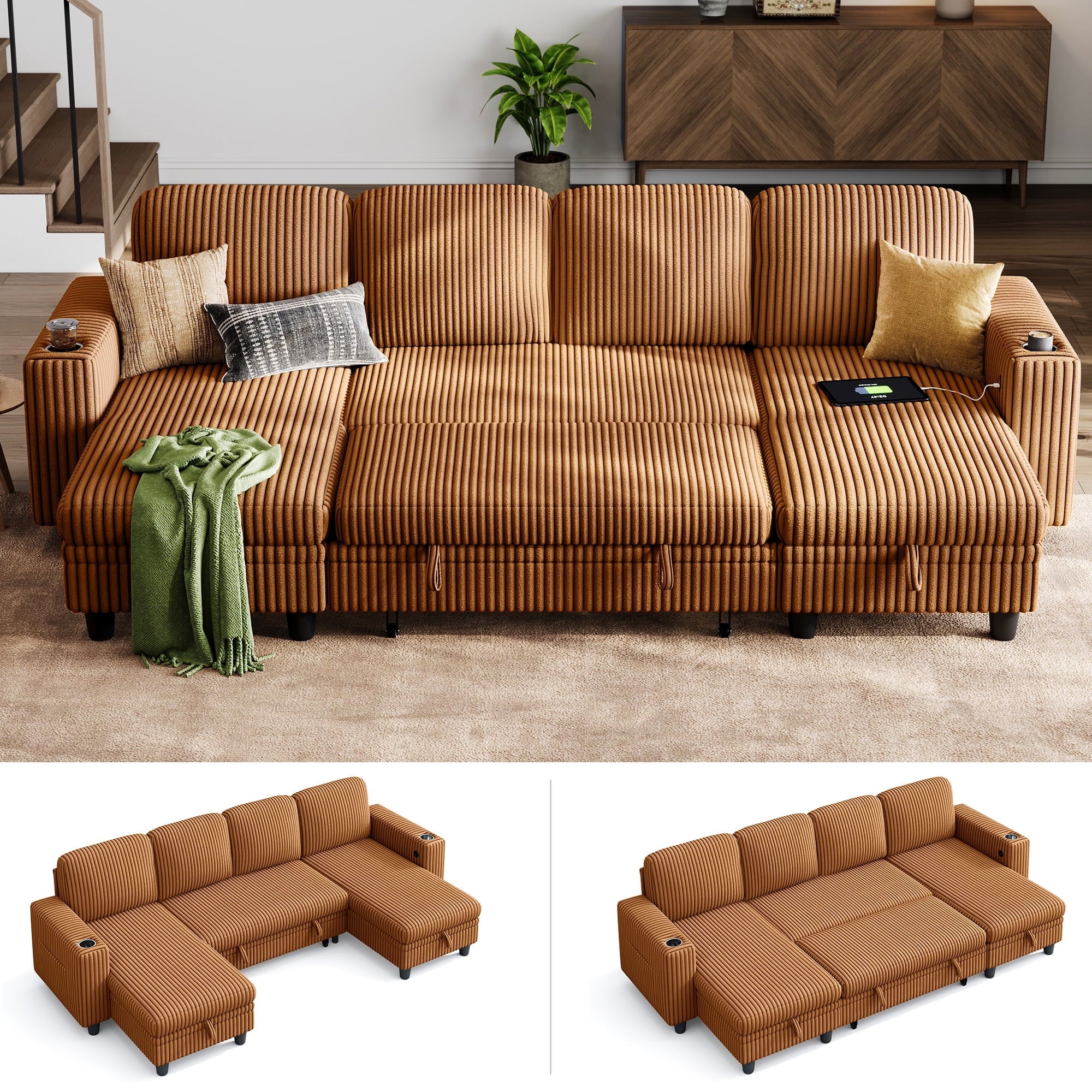 LINSY HOME L Shaped Sectional Couches for Living Room, Sleeper Sofa Bed with Reversible Storage Chaise, Pull Out Couch Bed with USB, Cup Holder, Black
