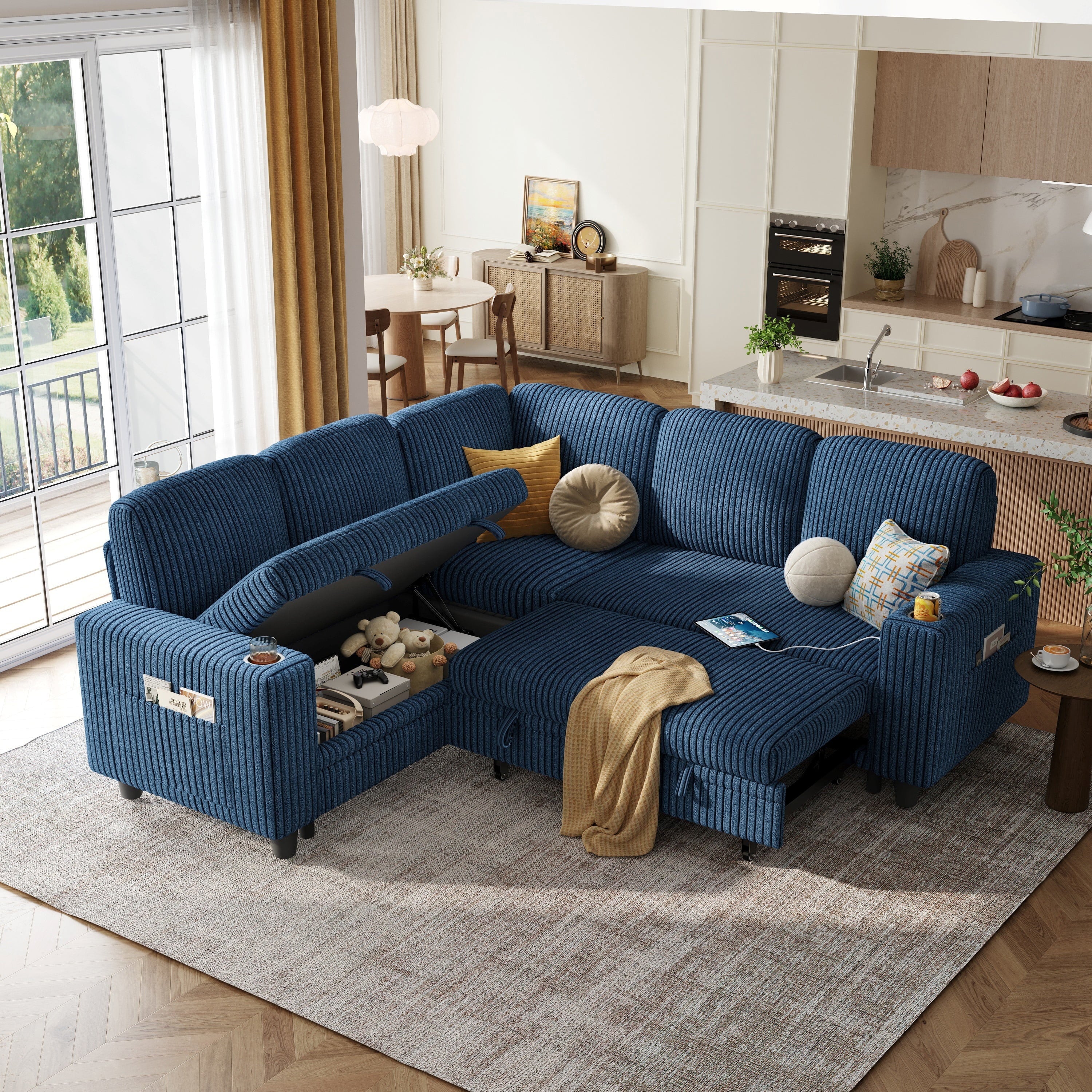 LINSY HOME L Shaped Sectional Couches for Living Room, Sleeper Sofa Bed with Reversible Storage Chaise, Pull Out Couch Bed with USB, Cup Holder, Black