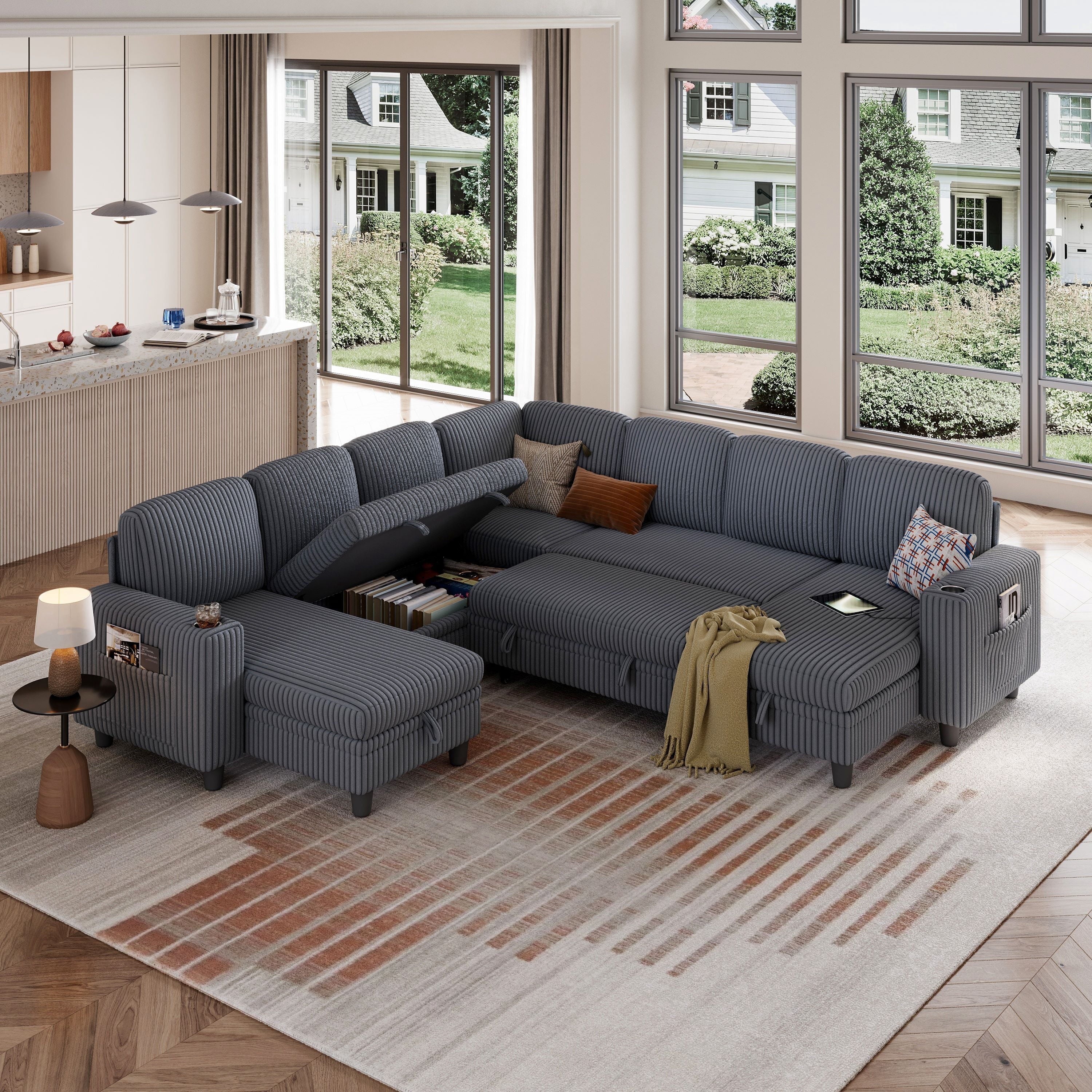LINSY HOME L Shaped Sectional Couches for Living Room, Sleeper Sofa Bed with Reversible Storage Chaise, Pull Out Couch Bed with USB, Cup Holder, Black