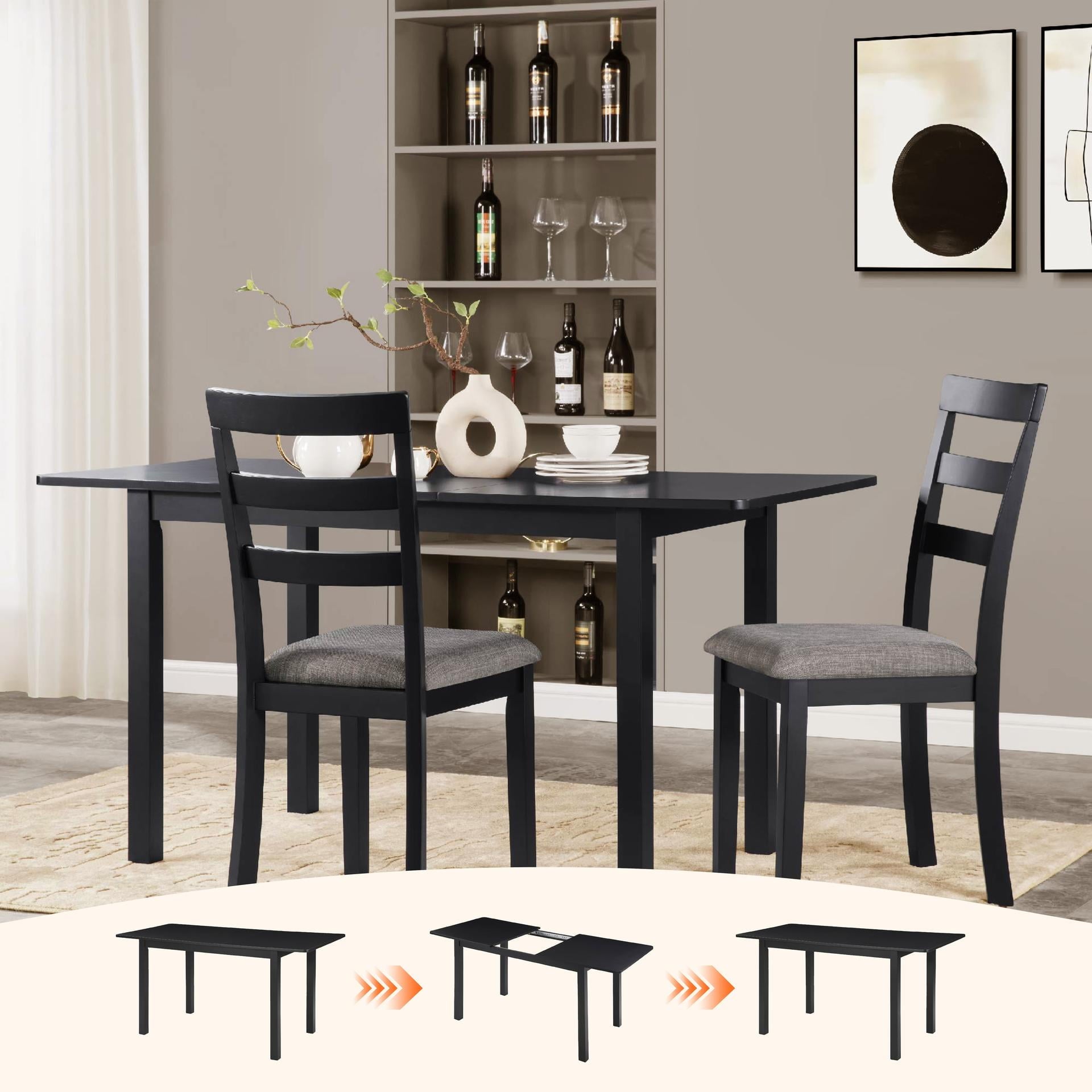 Lisonu 59 Extendable Dining Table, Modern Black Wooden Kitchen Table for 4-8 People, Space-Saving Expandable Table for Dining Room, Home Office & Small Living Spaces