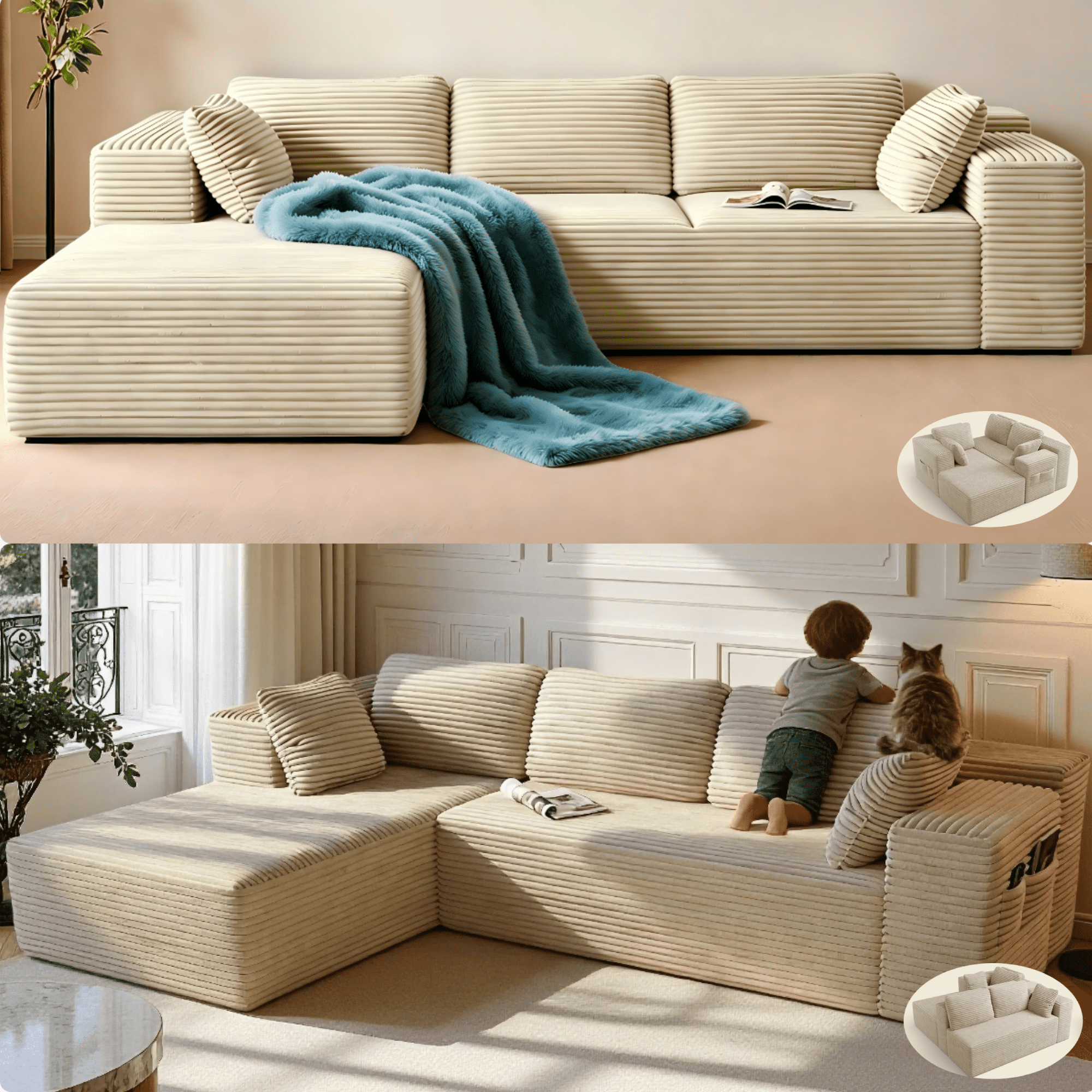 Sofa, Lofka 105 Free Assembly L-Shaped Sectional with Pet Friendly Corduroy Fabric, Black for Living Room/Apartment