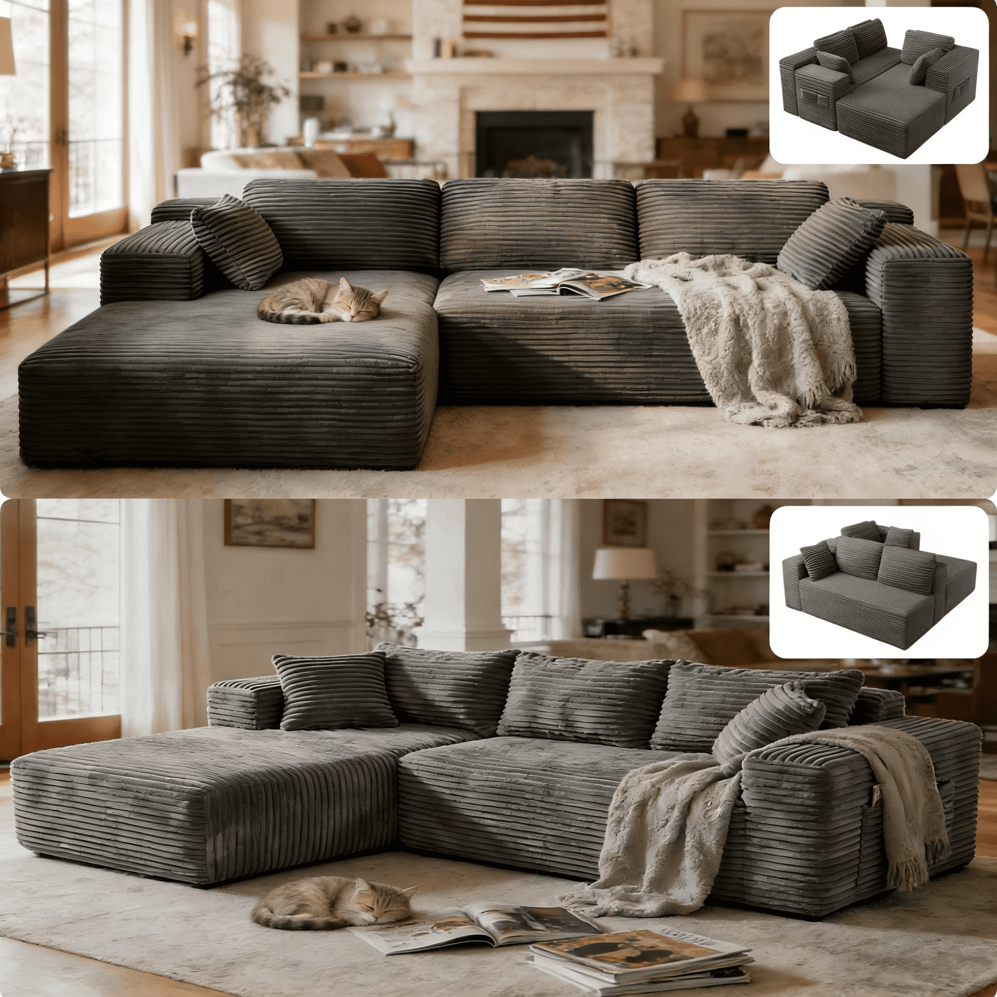 Sofa, Lofka 105 Free Assembly L-Shaped Sectional with Pet Friendly Corduroy Fabric, Black for Living Room/Apartment