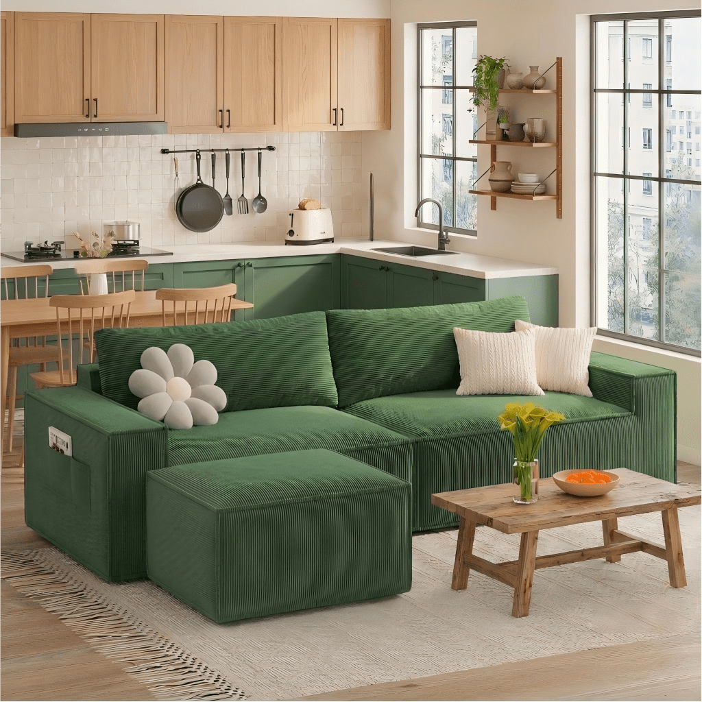 Comfortable Sofa Couch, Lofka L Shaped Foam Couch for Office, Living Room, Green
