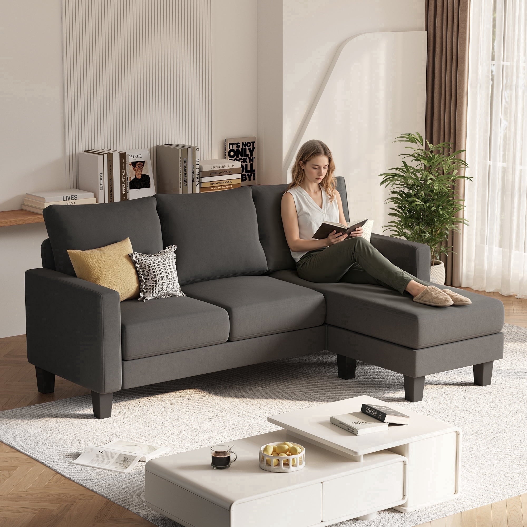 Vineego 72 L-Shaped Sectional Sofa with Ottoman Ergonomic Support Sofa Couch for Small Spaces Living Room, Apartment,Dark Gray