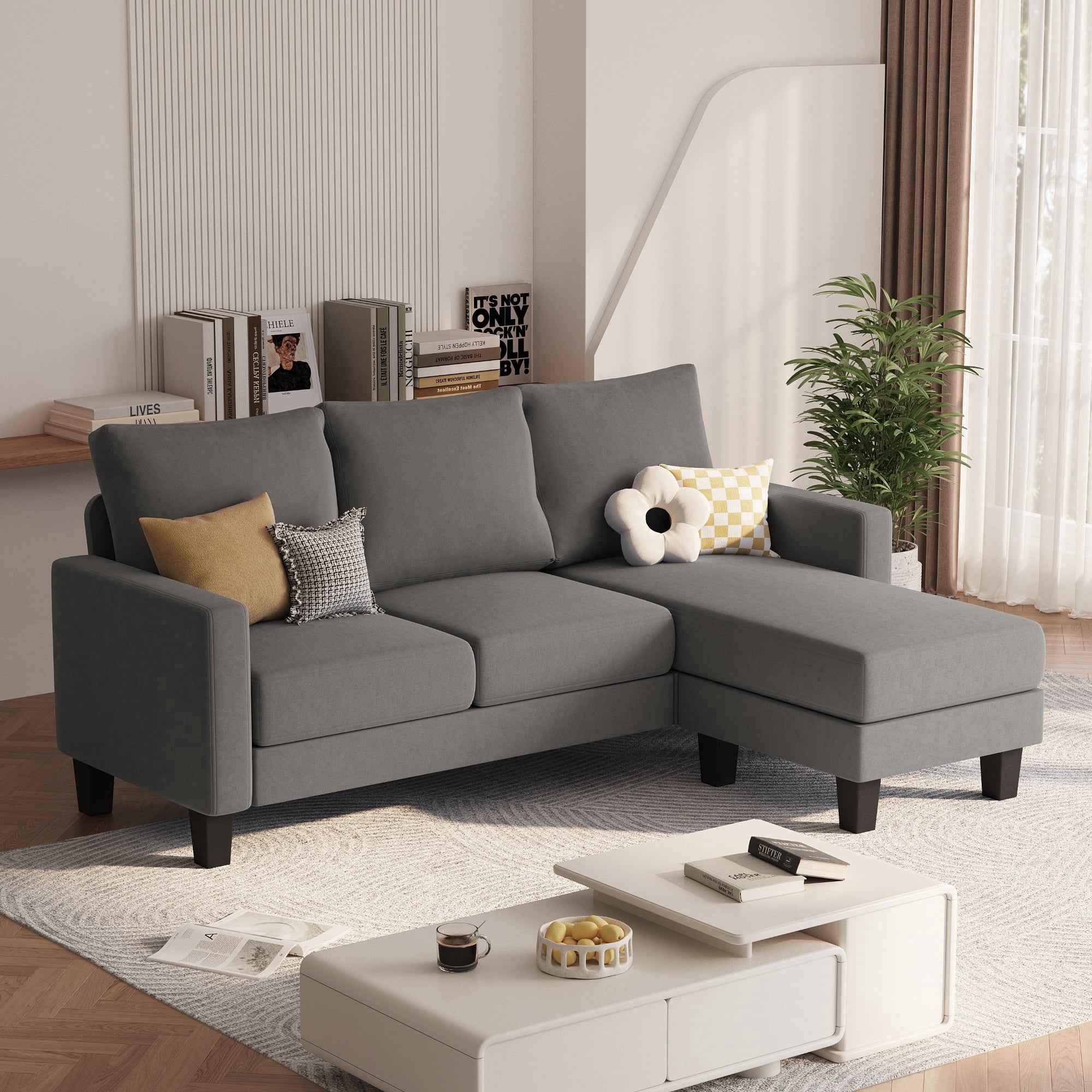 Vineego 72 L-Shaped Sectional Sofa with Ottoman Ergonomic Support Sofa Couch for Small Spaces Living Room, Apartment,Dark Gray