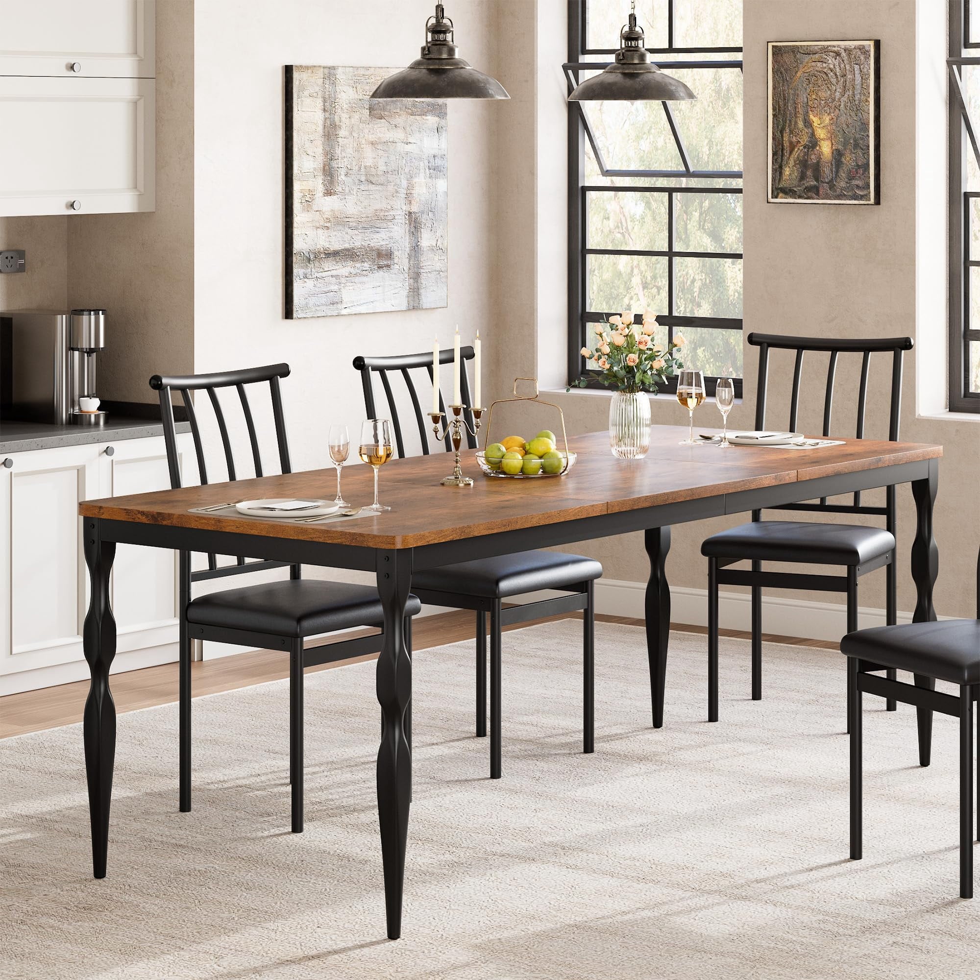 M optimized 78-inch Farmhouse Dining Table for 8, Rustic Rectangular Kitchen Table with Large Tabletop, Long Wooden Dining Room Table with Heavy Duty Legs