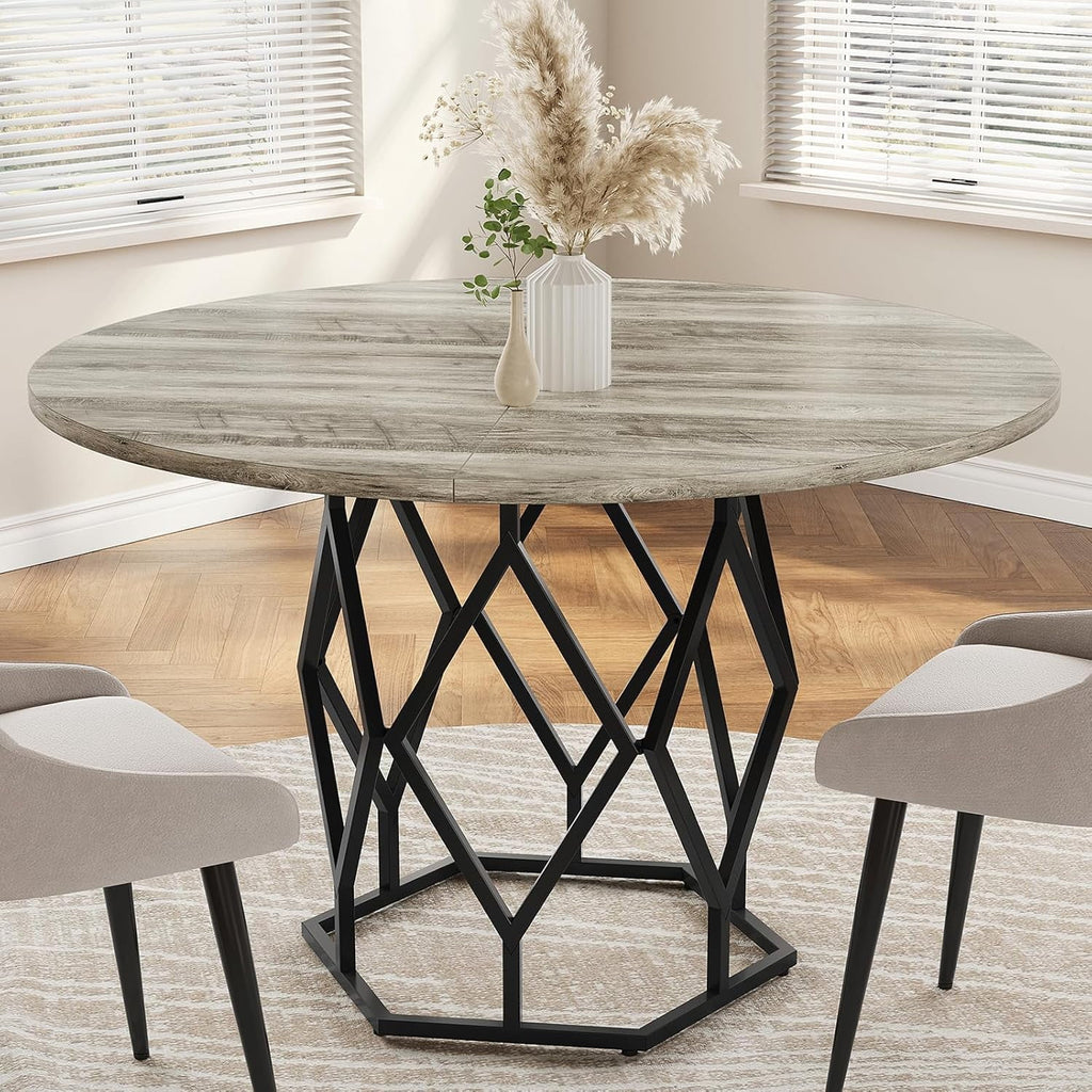 M optimized Round Dining Table for 4-6 People, 47 Farmhouse Kitchen Table, Modern Circle Dinner Table with Sturdy Base, Industrial Wood Dinning Room Table for Kitchen