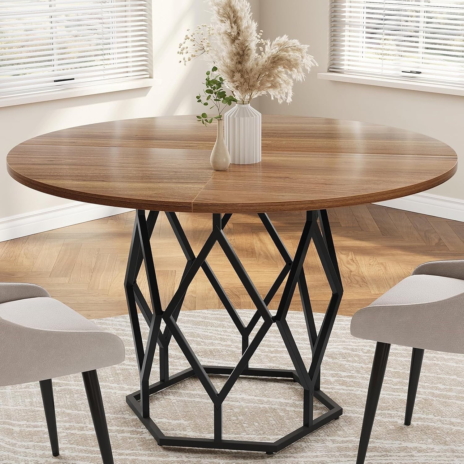 M optimized Round Dining Table for 4-6 People, 47 Farmhouse Kitchen Table, Modern Circle Dinner Table with Sturdy Base, Industrial Wood Dinning Room Table for Kitchen
