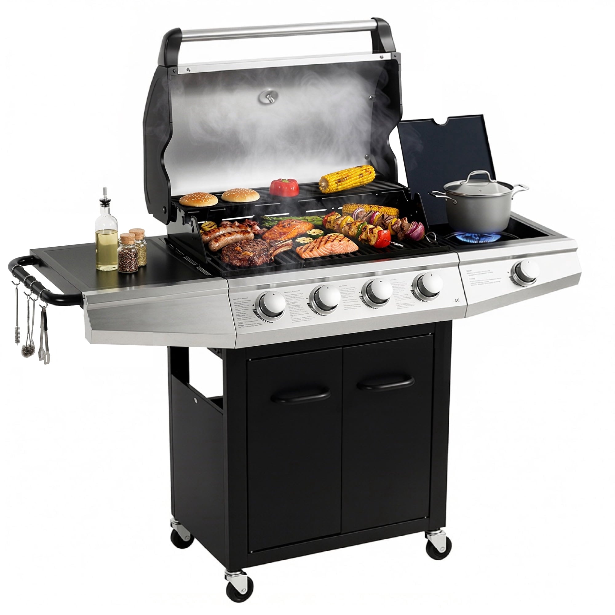 MASTER COOK 4+1 Burners Propane Gas Grill, 52,000 BTU Cabinet BBQ Grill with Side Stove, 518 Sqin Cooking Area, Stainless Steel