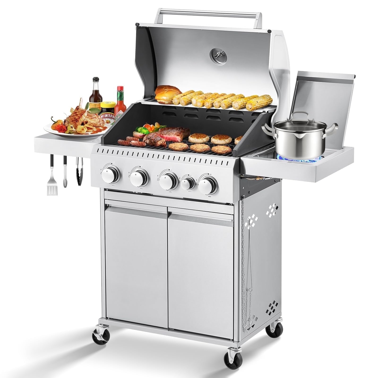 MELLCOM Upgraded 36,000 BTU Stainless Steel Burner Barbecue Grill, 3 Burner BBQ Propane Gas Grill with Cast Iron Grates & Side Stove for Patio, Camping, Outdoor Cooking
