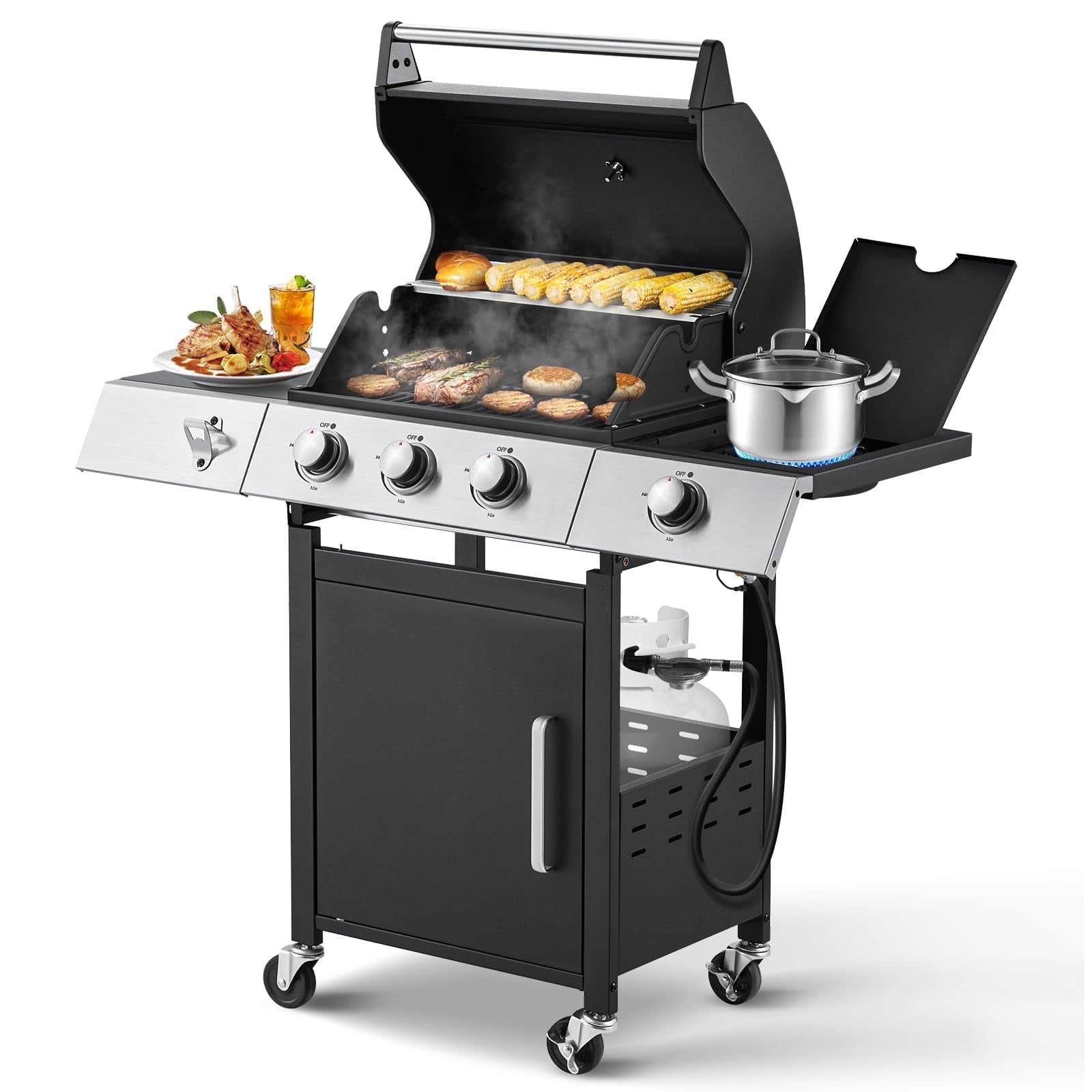 MELLCOM Upgraded 36,000 BTU Stainless Steel Burner Barbecue Grill, 3 Burner BBQ Propane Gas Grill with Cast Iron Grates & Side Stove for Patio, Camping, Outdoor Cooking
