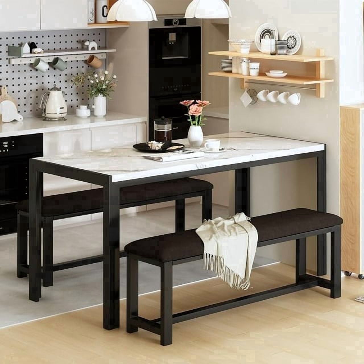 MIERES Kitchen Dining Set: Rectangular solid wood dining table with two benches, suitable for 2 to 4 people, small dining set, black