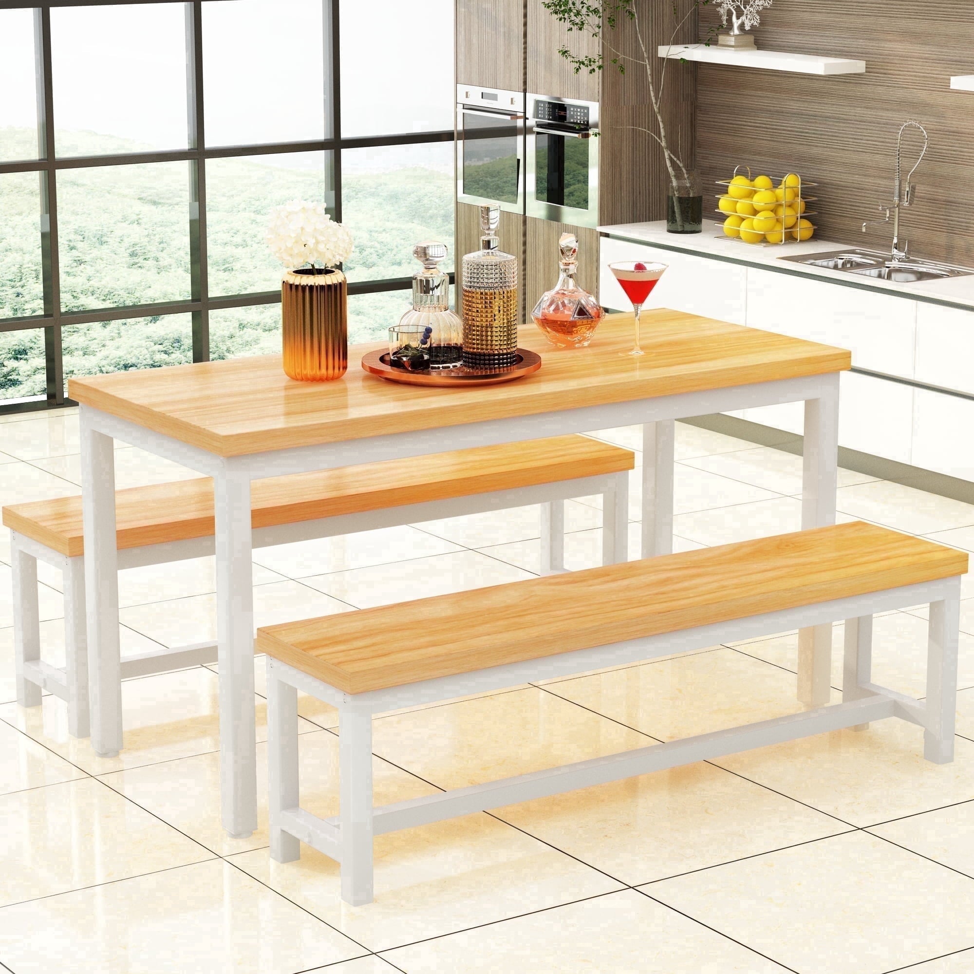 MIERES Kitchen Dining Set: Rectangular solid wood dining table with two benches, suitable for 2 to 4 people, small dining set, black