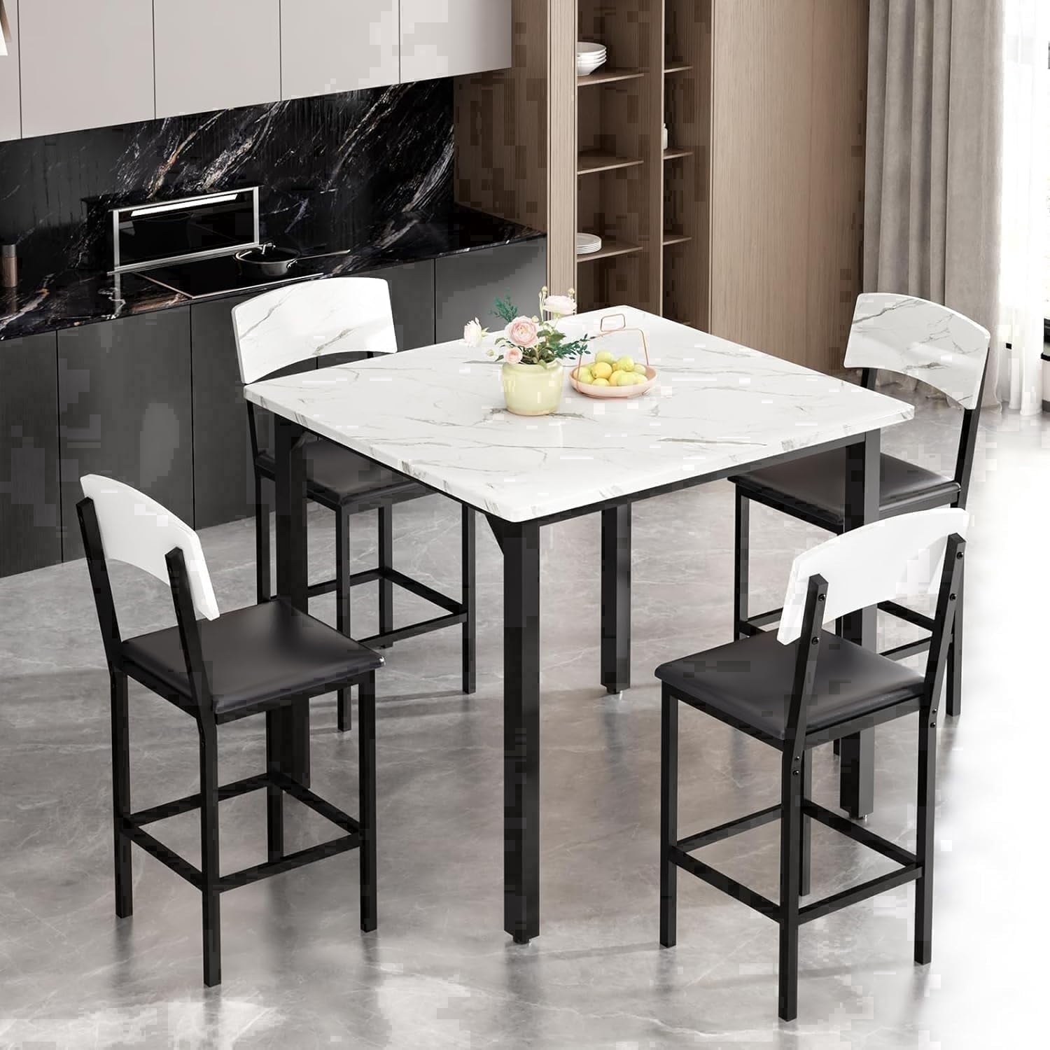MIERES 5 Piece Dining Table Set High Top Dining Table Set for 4 Counter Height Small Kitchen Table With 4 Velvet Upholstered Chairs, Wood Small Dining Set for Bar Dining Room Breakfast