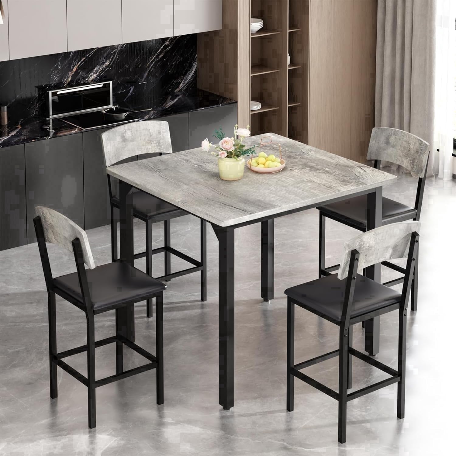 MIERES 5 Piece Dining Table Set High Top Dining Table Set for 4 Counter Height Small Kitchen Table With 4 Velvet Upholstered Chairs, Wood Small Dining Set for Bar Dining Room Breakfast
