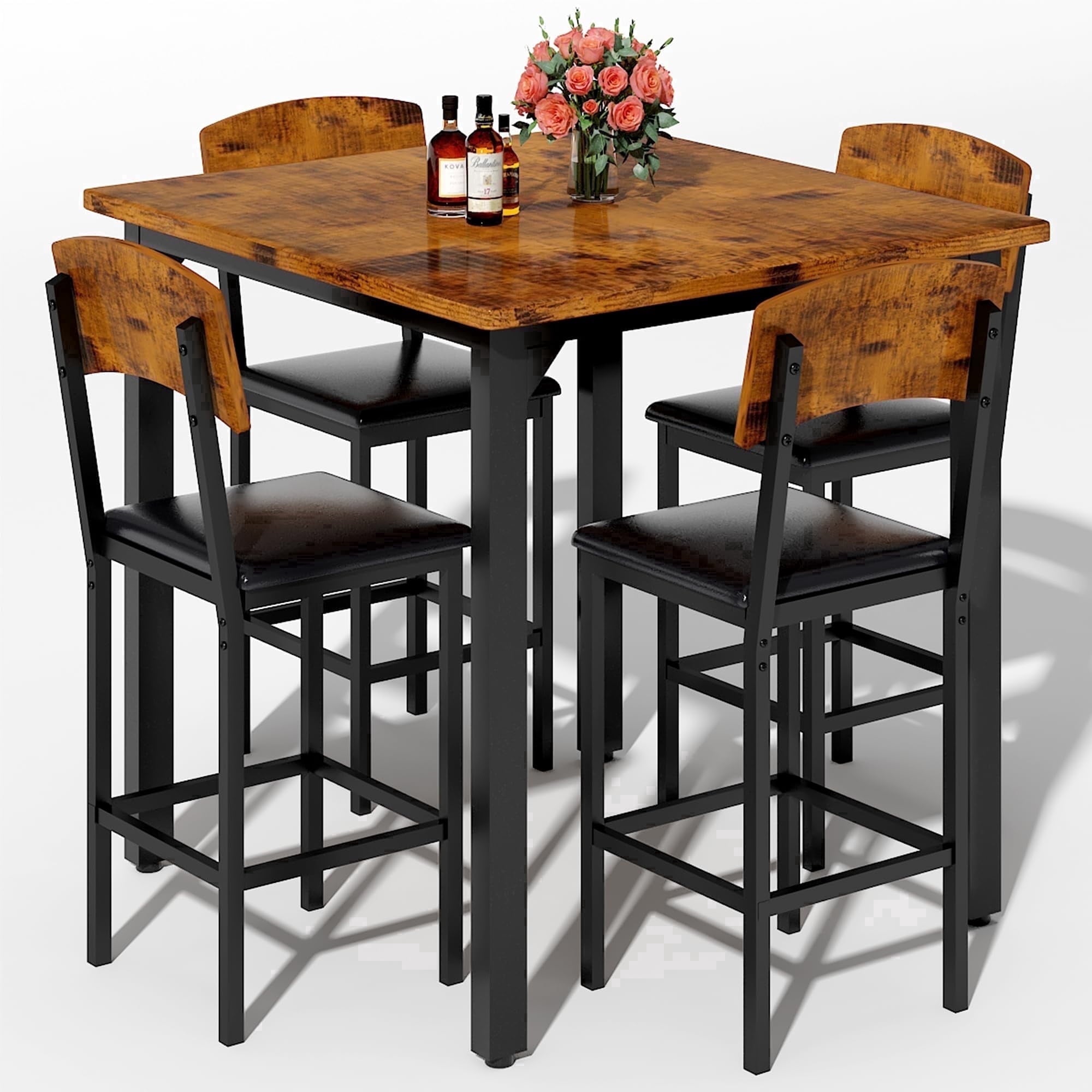 MIERES 5 Piece Dining Table Set High Top Dining Table Set for 4 Counter Height Small Kitchen Table With 4 Velvet Upholstered Chairs, Wood Small Dining Set for Bar Dining Room Breakfast