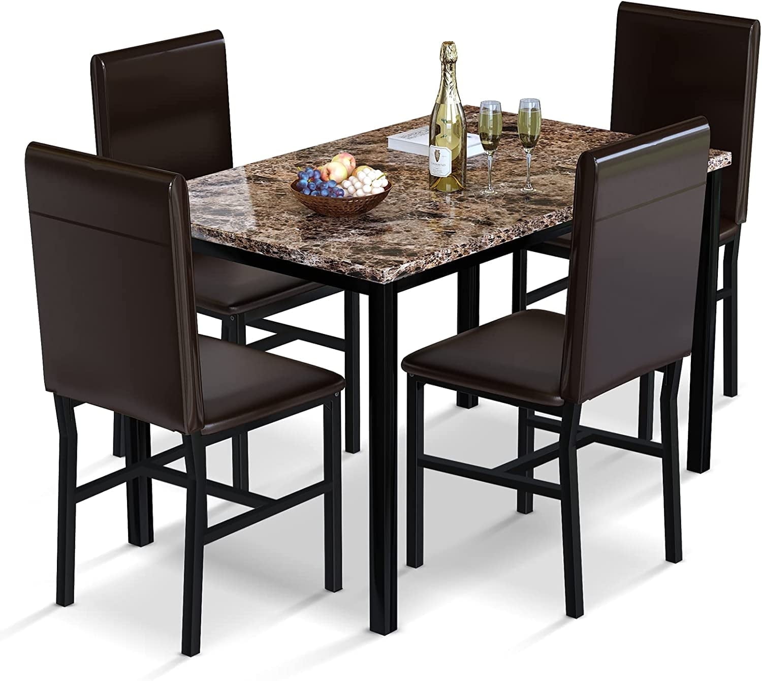 MIERES 5 Piece Dinning Table Sets for 4, Marble Kitchen Table and Chairs for 4,Dining Room Table Set with PU Leather Chairs,Faux Marble Dining Set for Small Spaces,Living Room,White+Brown