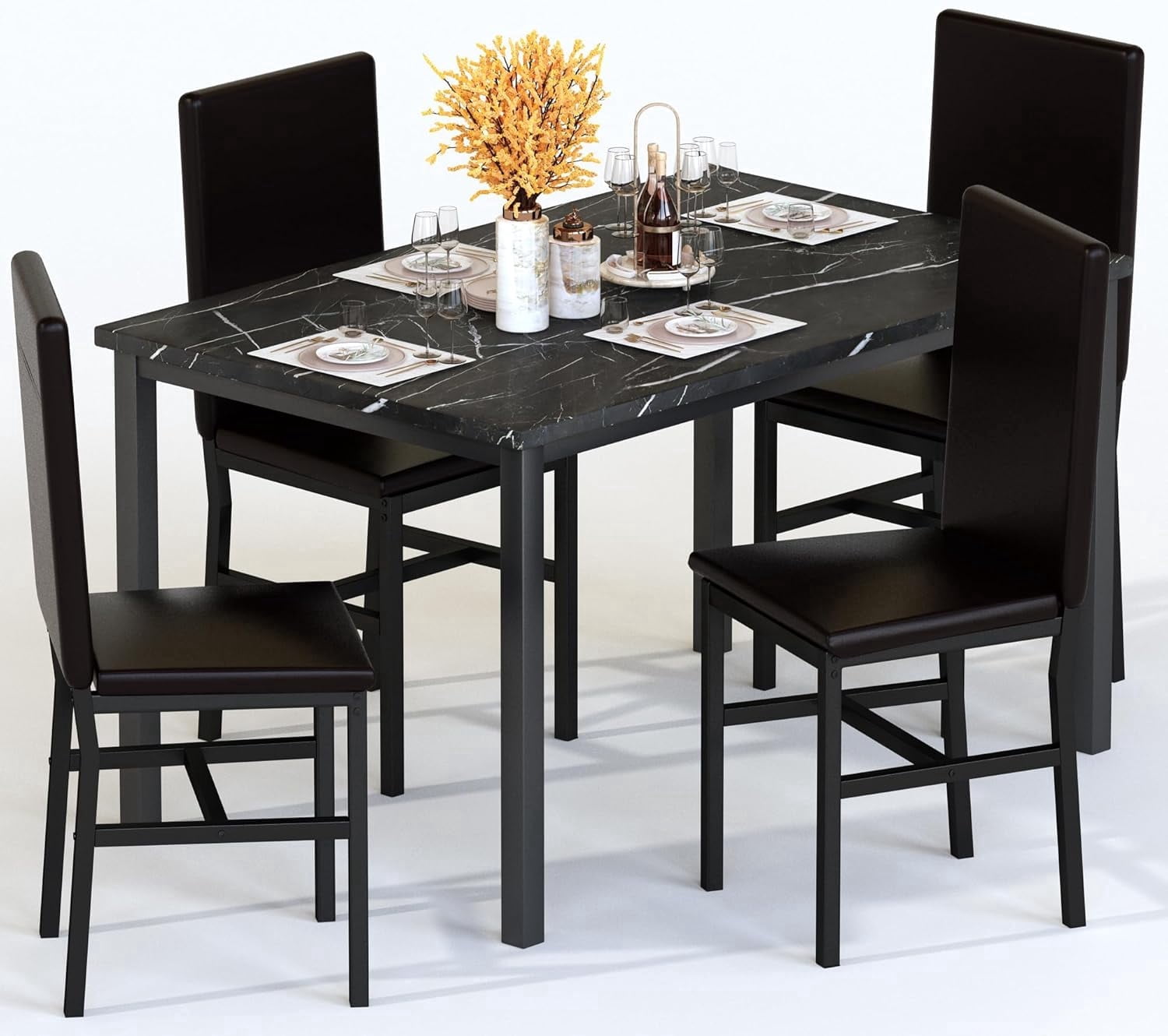 MIERES 5 Piece Dinning Table Sets for 4, Marble Kitchen Table and Chairs for 4,Dining Room Table Set with PU Leather Chairs,Faux Marble Dining Set for Small Spaces,Living Room,White+Brown
