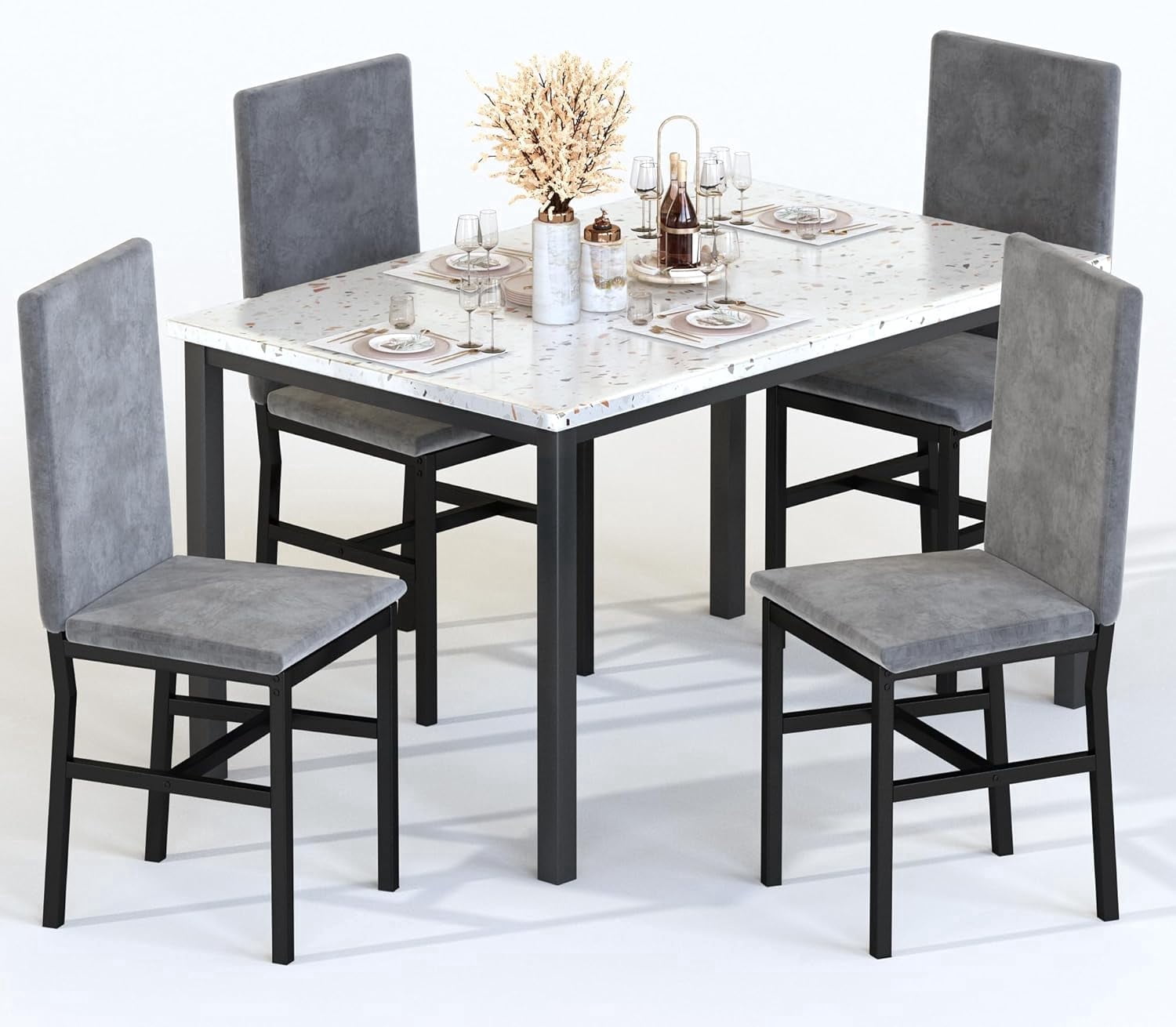 MIERES 5 Piece Dinning Table Sets for 4, Marble Kitchen Table and Chairs for 4,Dining Room Table Set with PU Leather Chairs,Faux Marble Dining Set for Small Spaces,Living Room,White+Brown