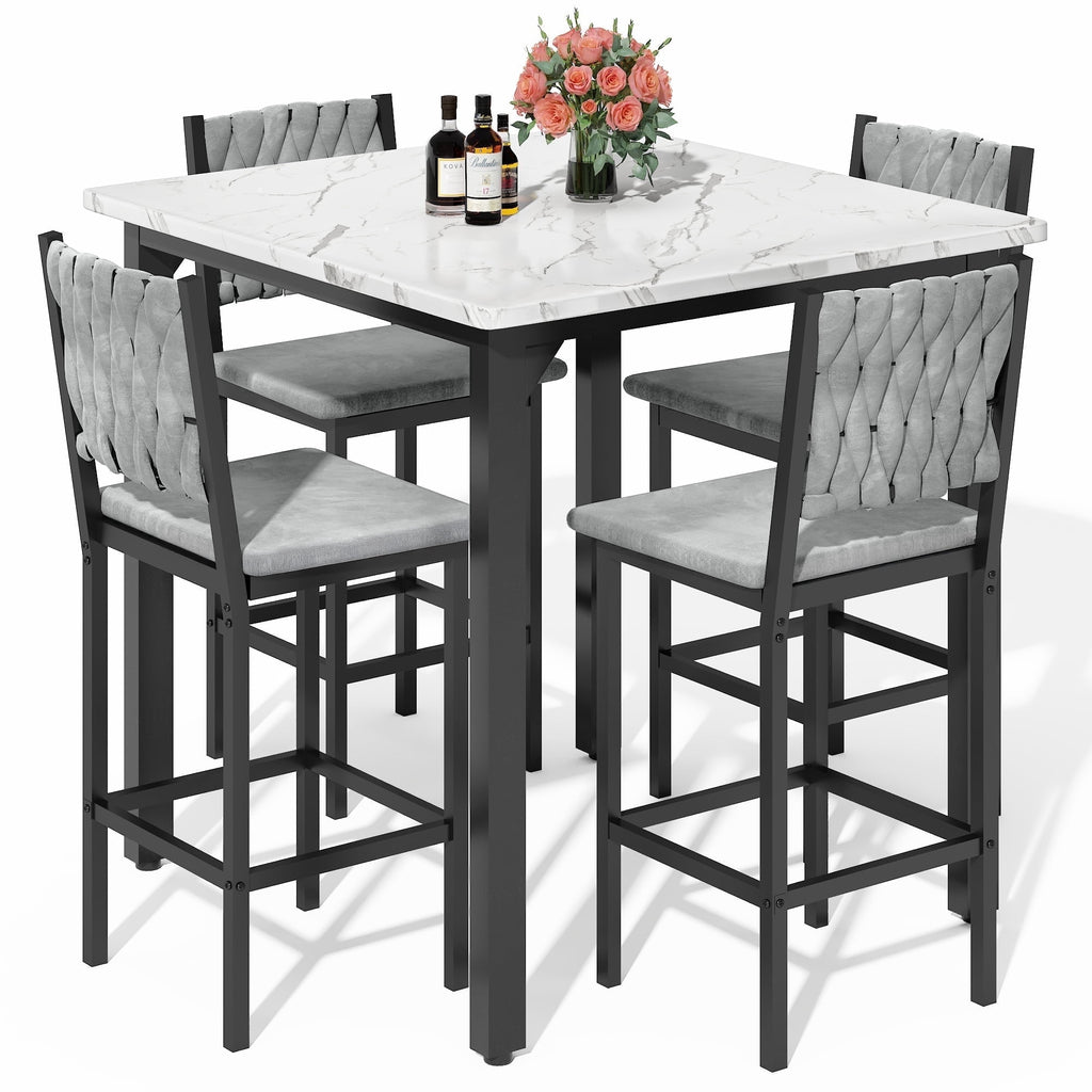 MIERES 5 Piece Dining Table Set High Top Dining Table Set for 4 Counter Height Small Kitchen Table With 4 Velvet Upholstered Chairs, Wood Small Dining Set for Bar Dining Room Breakfast