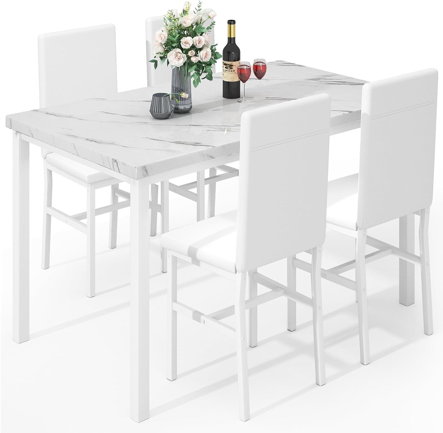 MIERES 5-Piece Dining Table Set for 4, Faux Marble Kitchen Table and 4 Chairs, Modern Dining Room Table with 4 Chairs, Dinner Table Set for Small Spaces, Brown