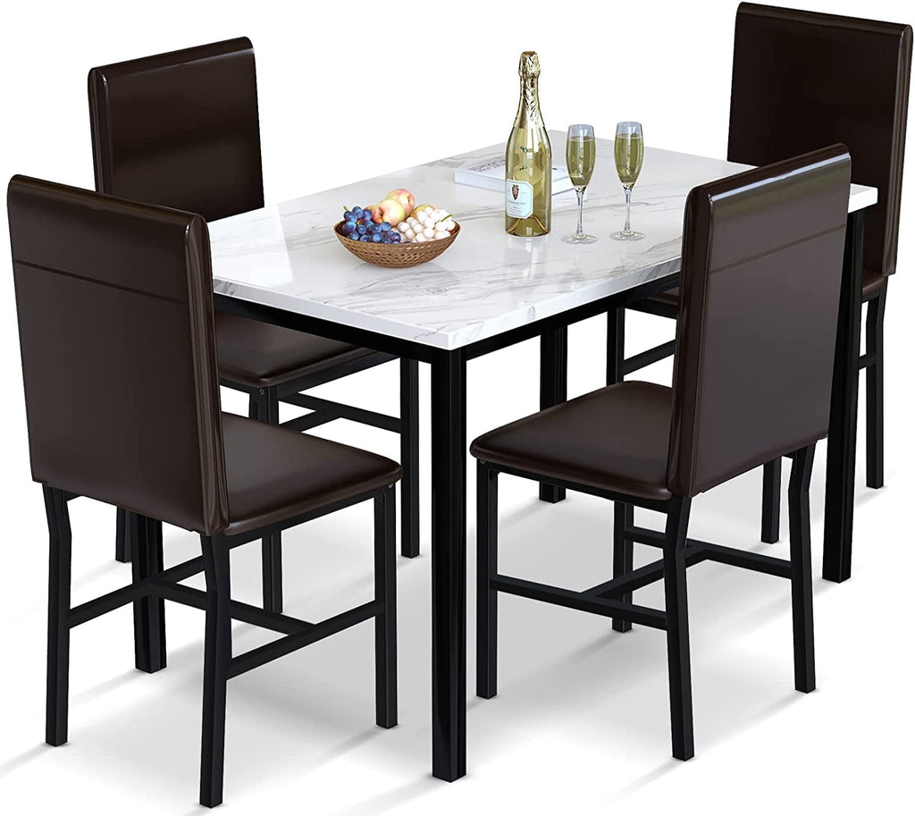 MIERES 5 Piece Dinning Table Sets for 4, Marble Kitchen Table and Chairs for 4,Dining Room Table Set with PU Leather Chairs,Faux Marble Dining Set for Small Spaces,Living Room,White+Brown