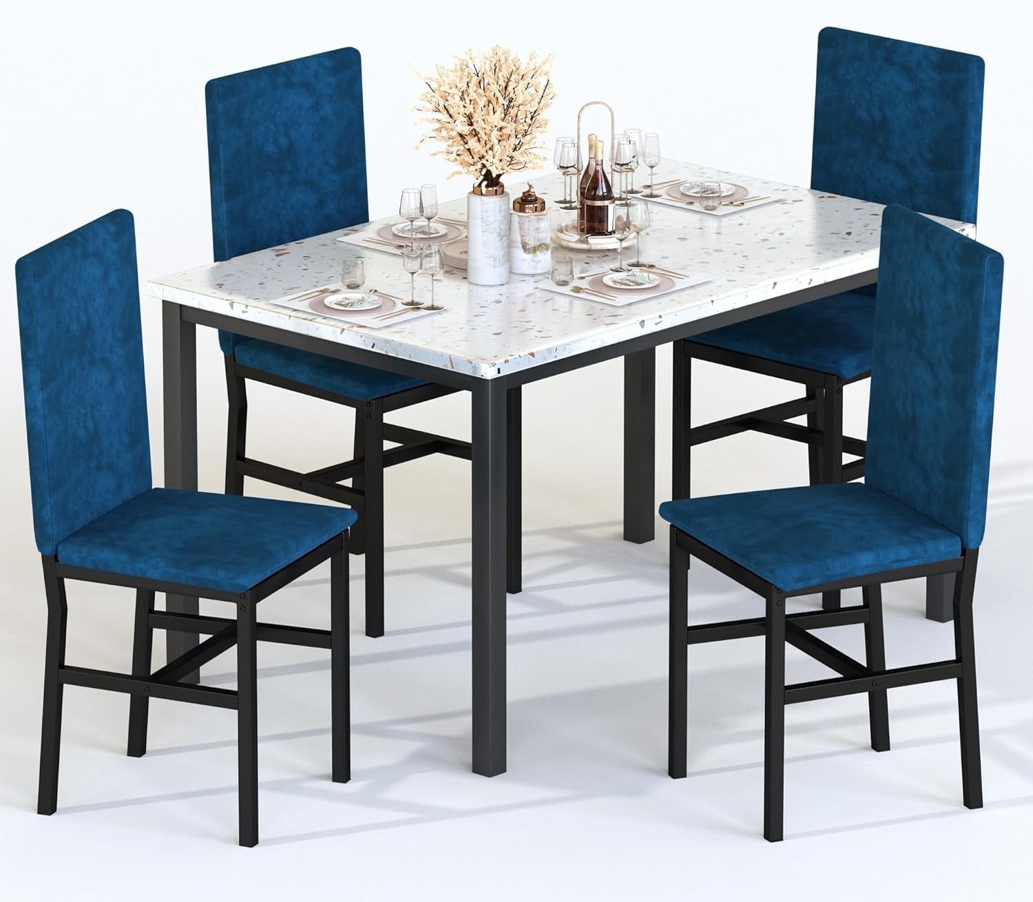 MIERES 5-Piece Dining Table Set for 4, Faux Marble Kitchen Table and 4 Chairs, Modern Dining Room Table with 4 Chairs, Dinner Table Set for Small Spaces, Brown