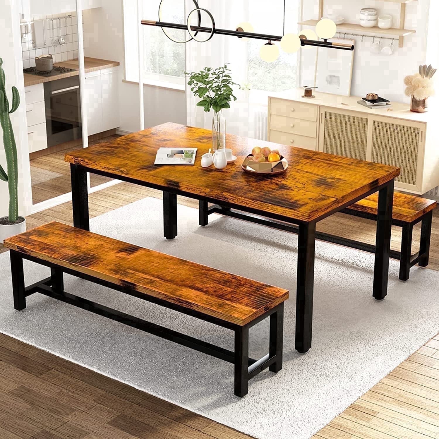 MIERES Kitchen Dining Set: Rectangular solid wood dining table with two benches, suitable for 2 to 4 people, small dining set, black