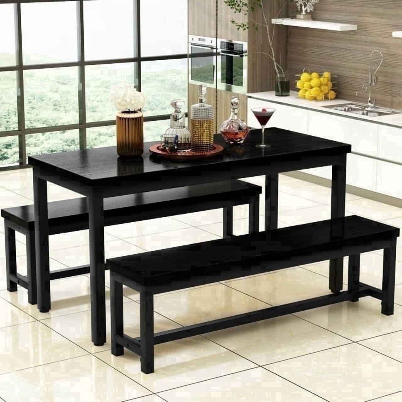 MIERES Kitchen Dining Set: Rectangular solid wood dining table with two benches, suitable for 2 to 4 people, small dining set, black