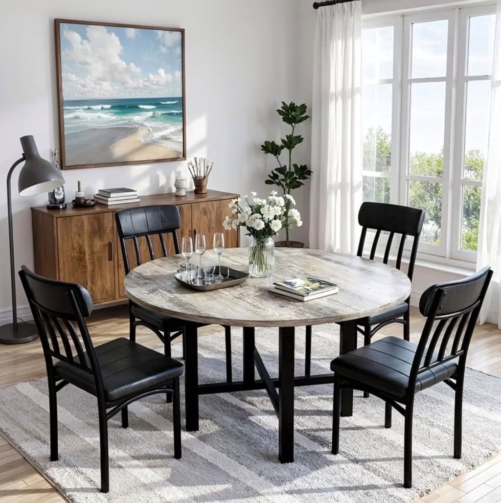 MIERES Round Dining Table Set for 4,Wood Round Kitchen Table and Chairs Set for 4,Modern Dining Room Table Set with 4 Faux Leather Chairs,Round Dinner Table for Small Space Gray