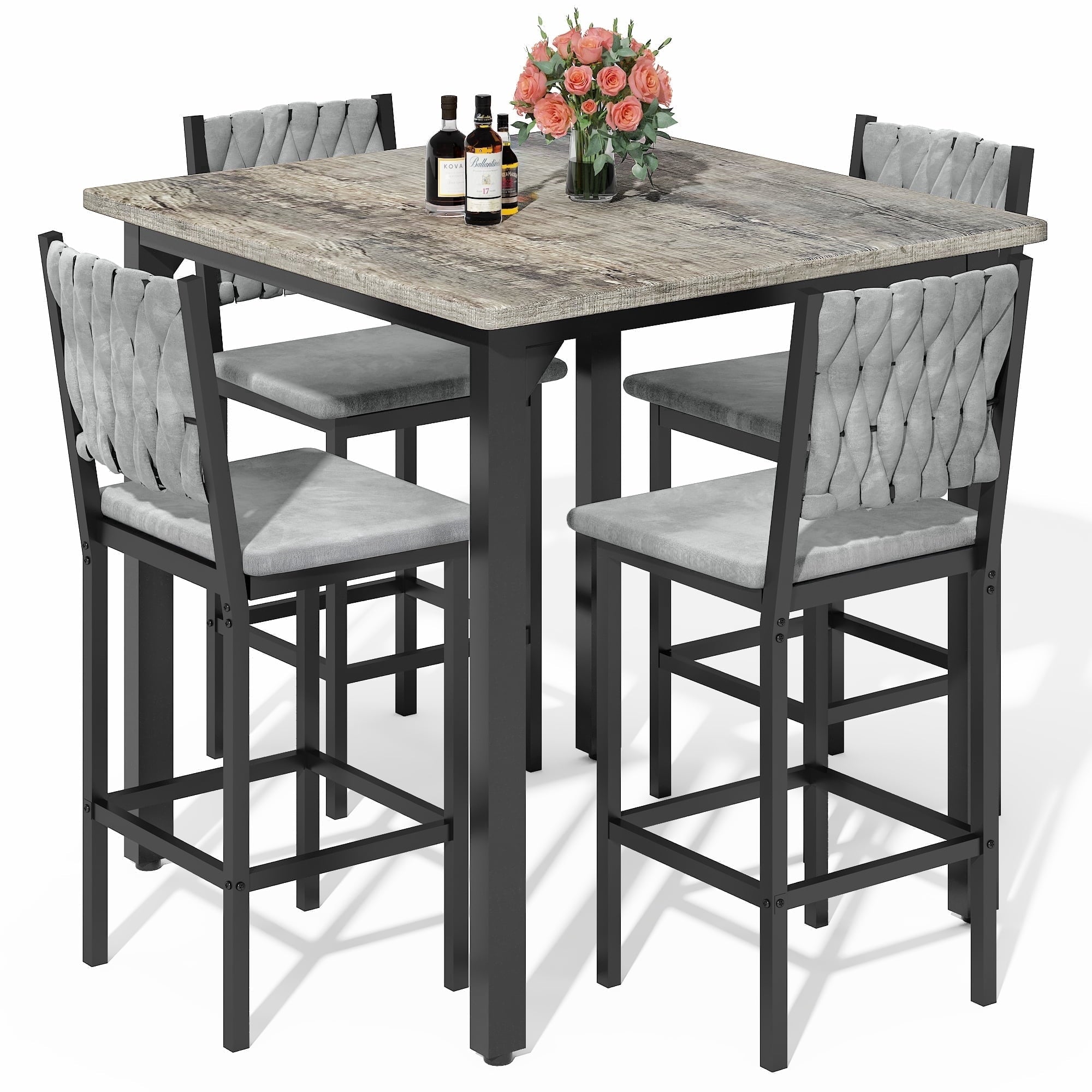 MIERES 5 Piece Dining Table Set High Top Dining Table Set for 4 Counter Height Small Kitchen Table With 4 Velvet Upholstered Chairs, Wood Small Dining Set for Bar Dining Room Breakfast