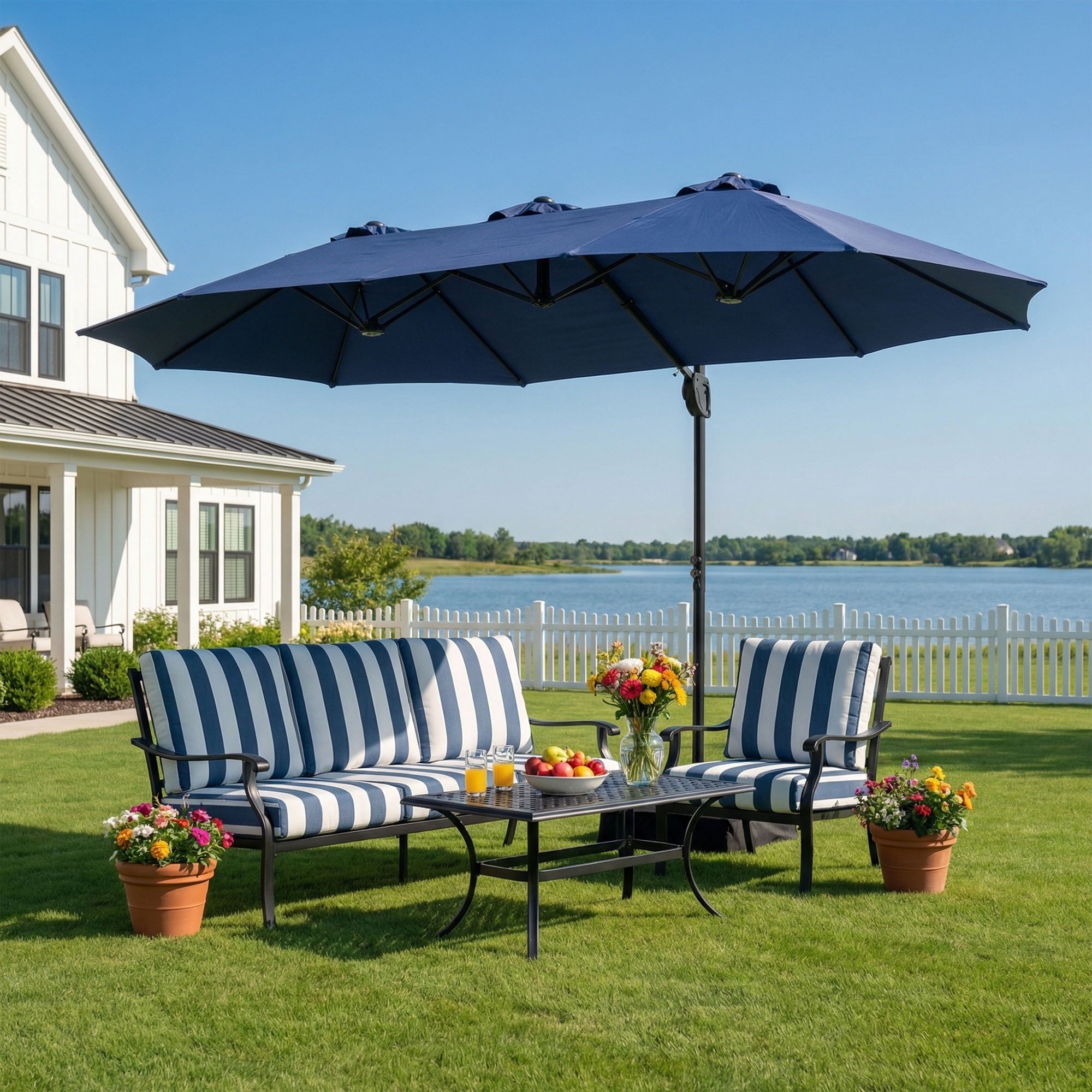 MOALCOFER 15 x 9 FT Double Sided Patio Umbrella with Base Included, Outdoor Rectangular Market Umbrella with Crank Lift, 12 Reinforced Ribs， Khaki